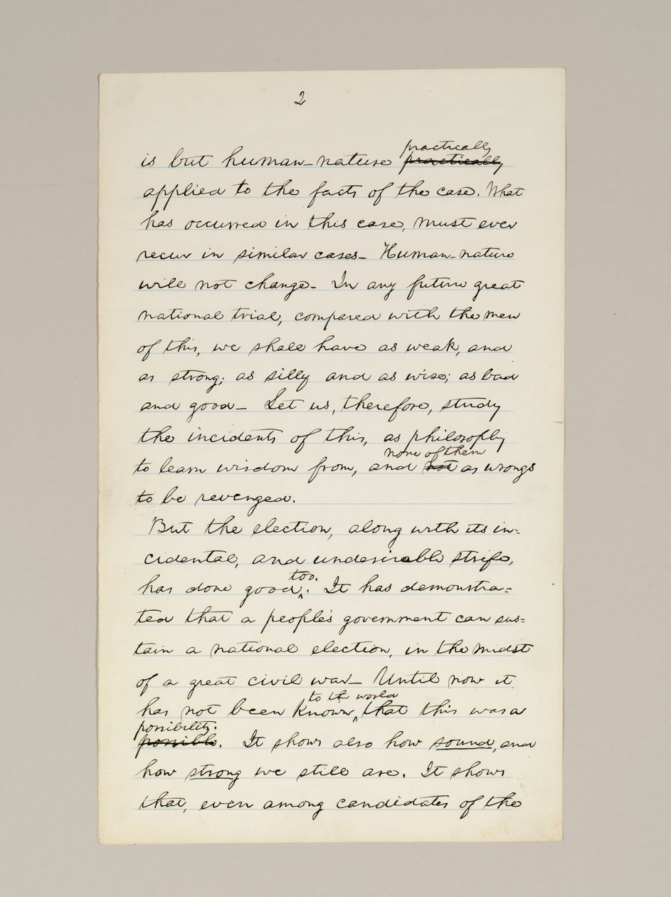 Autografmanuskript av Lincolns valgseierstale som president, levert i Washington D.C., fra vinduet i Det hvite hus om kvelden 10. november av Abraham Lincoln