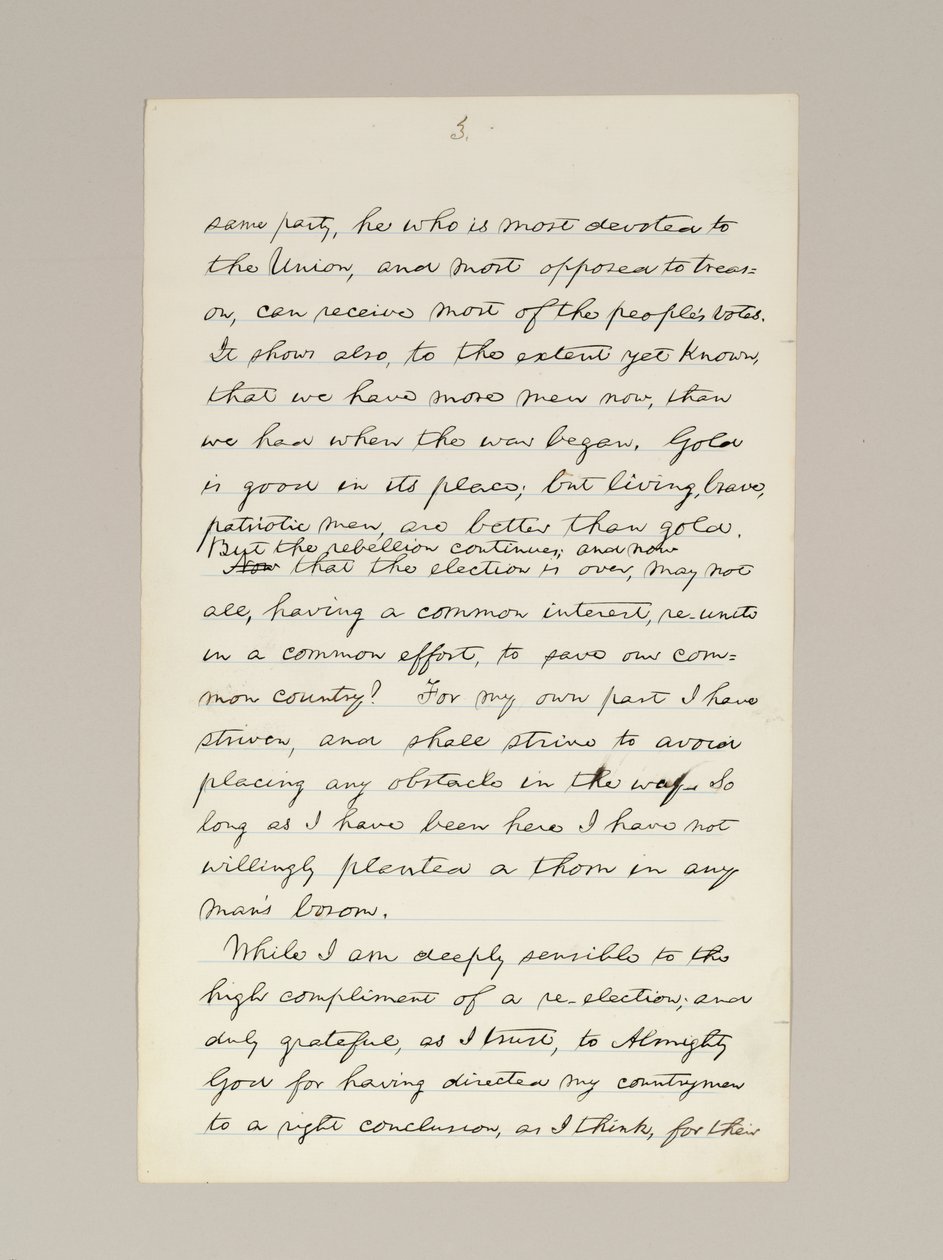 Autografmanuskript av Lincolns valgseierstale som president, levert i Washington D.C., fra vinduet i Det hvite hus om kvelden 10. november av Abraham Lincoln