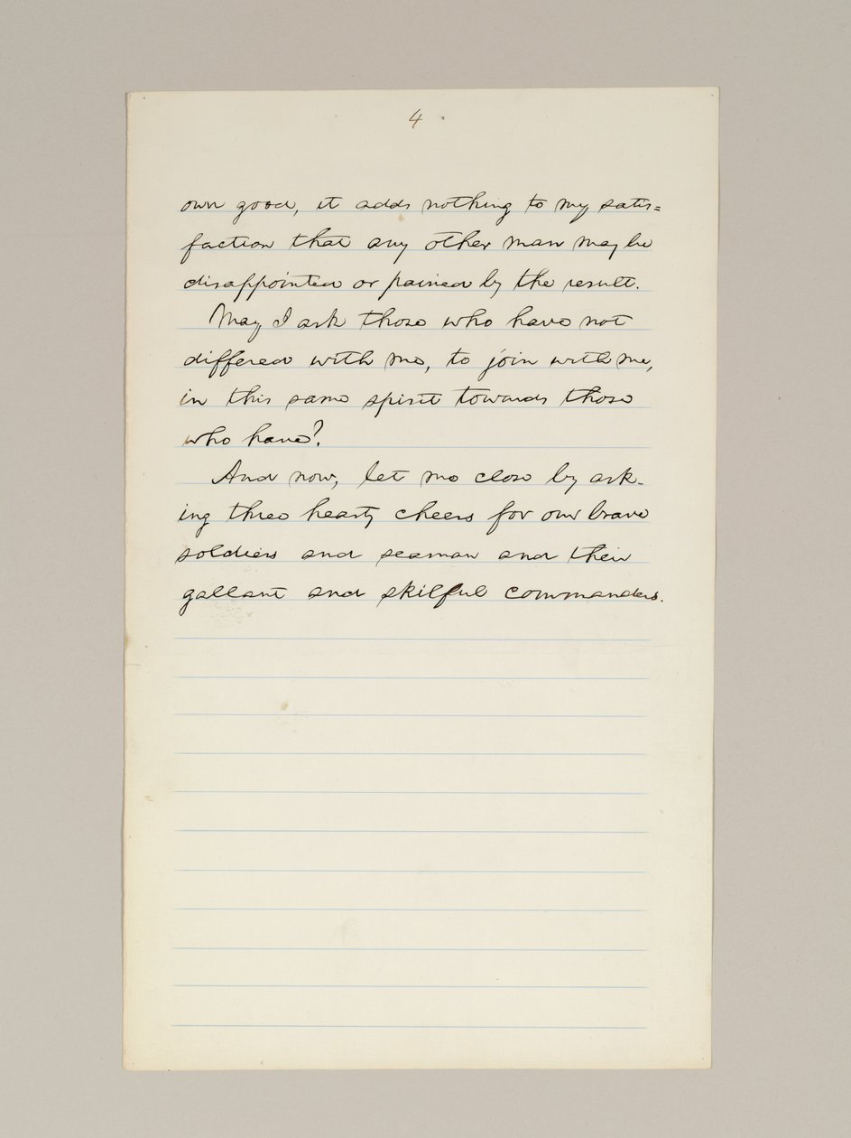 Autografmanuskript av Lincolns valgseierstale som president, levert i Washington D.C., fra vinduet i Det hvite hus om kvelden 10. november av Abraham Lincoln