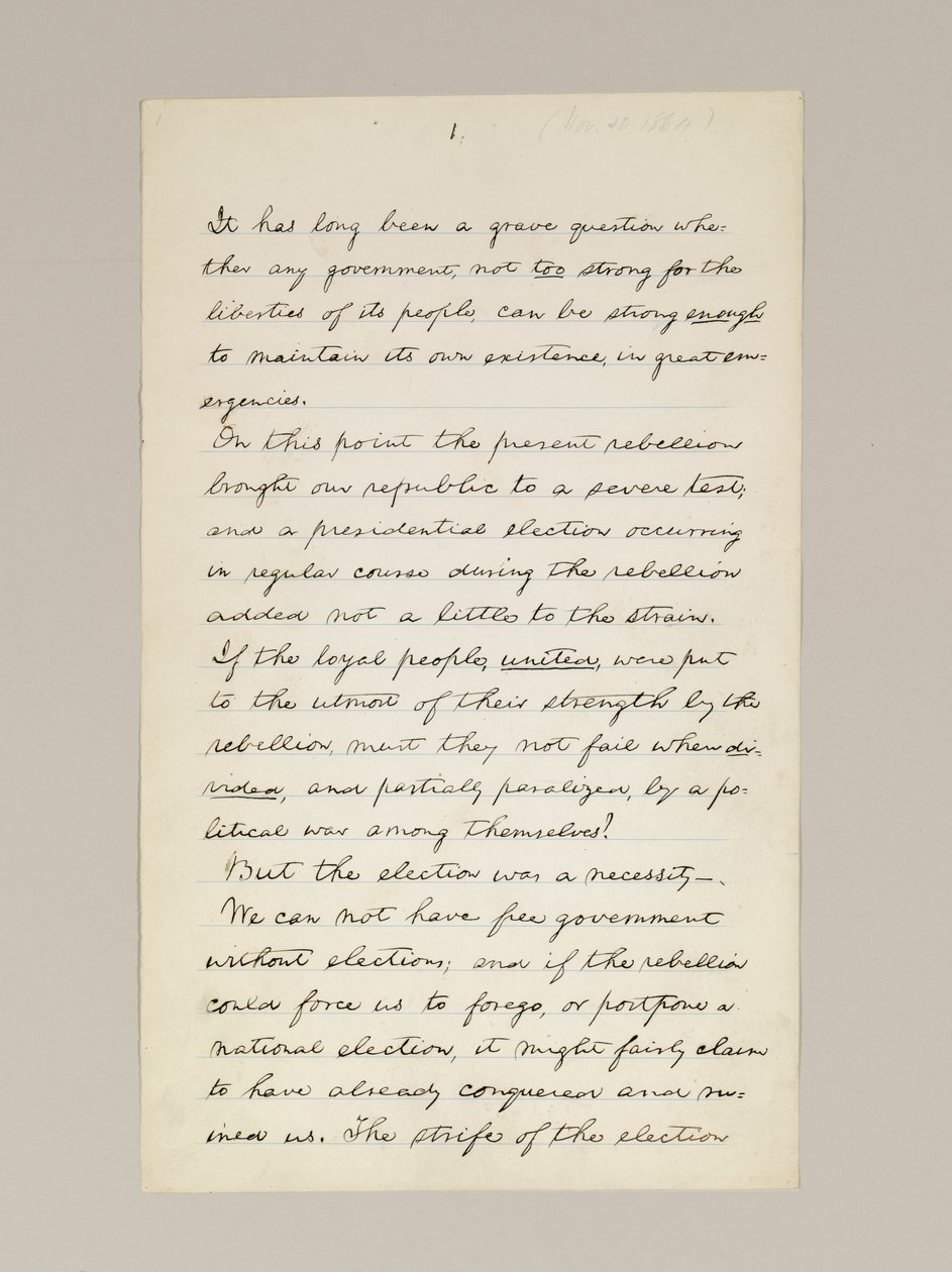 Autografmanuskript av Lincolns valgseierstale som president, levert i Washington D.C., fra vinduet i Det hvite hus om kvelden 10. november av Abraham Lincoln