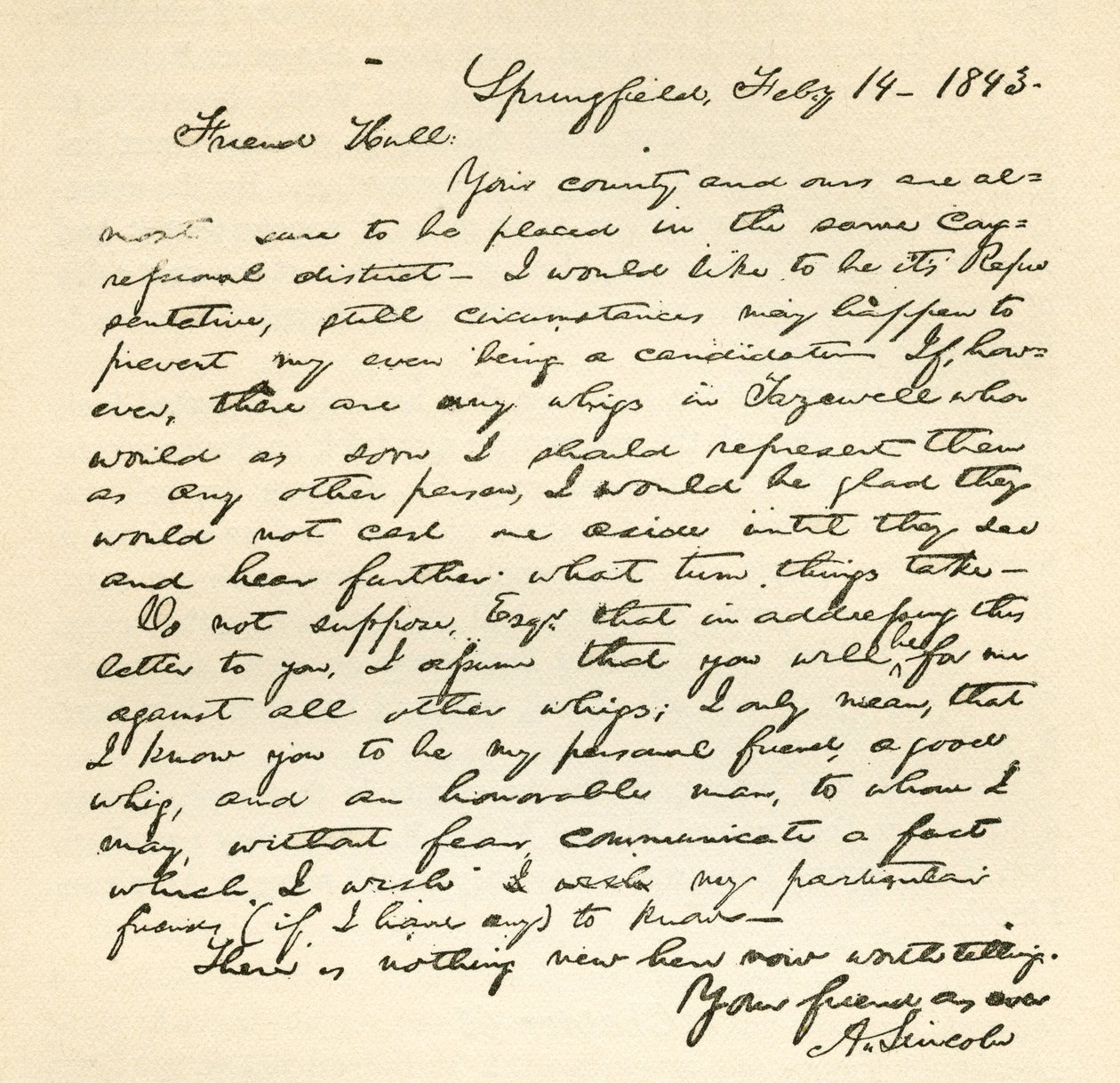 Brev fra Abraham Lincoln til Alden Hall, datert 14. februar 1843 av Abraham Lincoln
