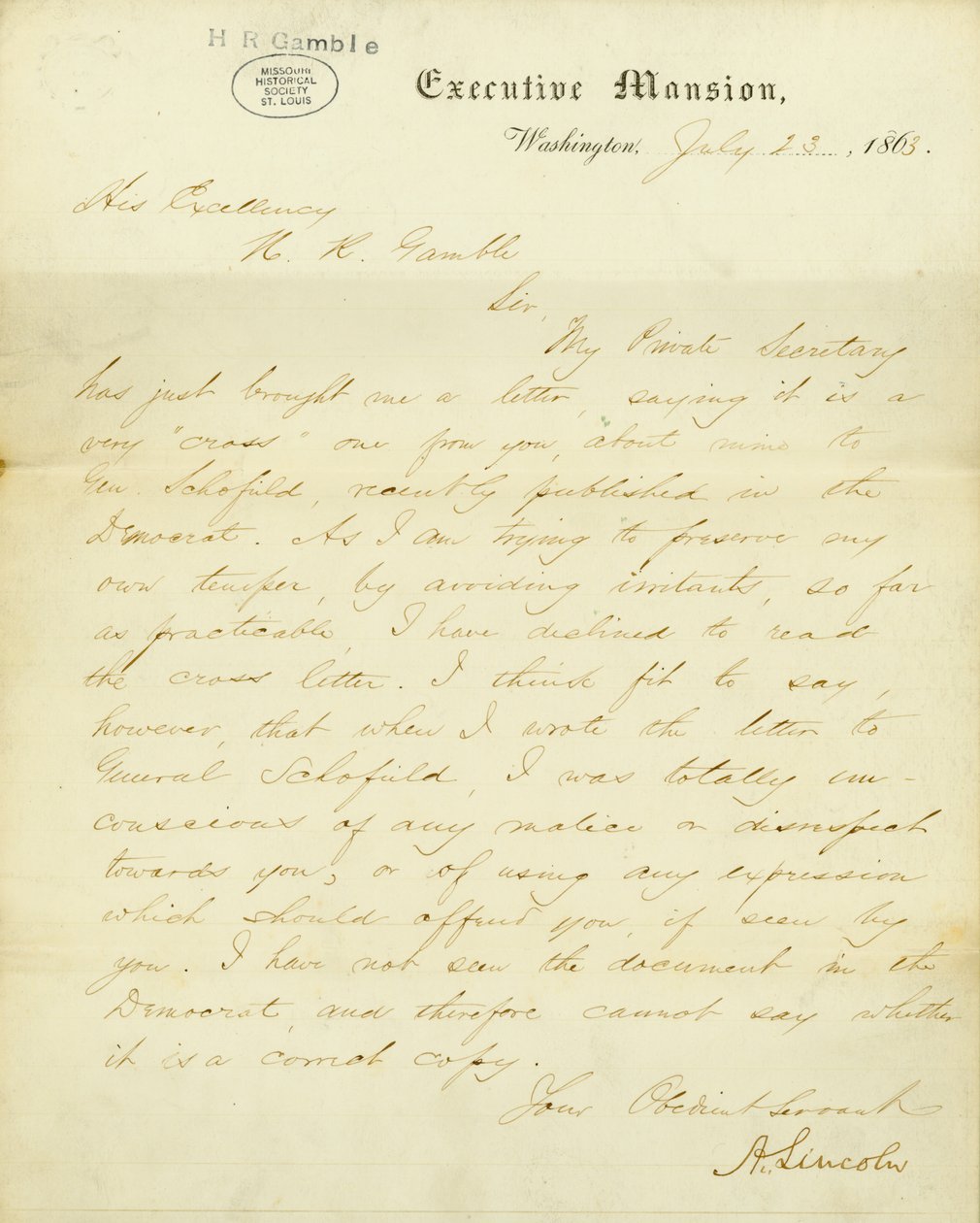 Brev signert A. Lincoln, Executive Mansion, Washington, til Hans Excellency, H.R. Gamble, 23. juli 1863 av Abraham Lincoln