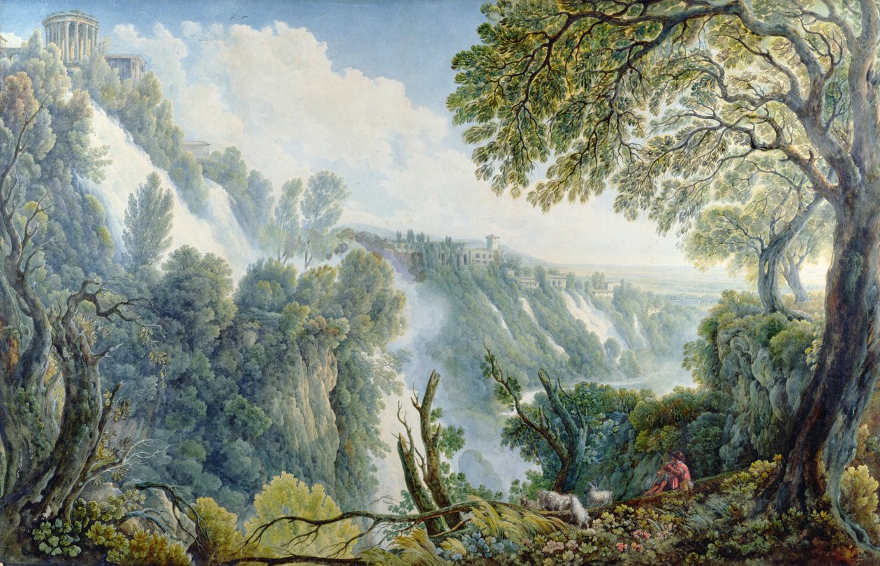 The Falls of Tivoli med en mann som sitter under Sibylltemplet (penn, blekk, wc, gouache) av Abraham Louis Rudolph Ducros