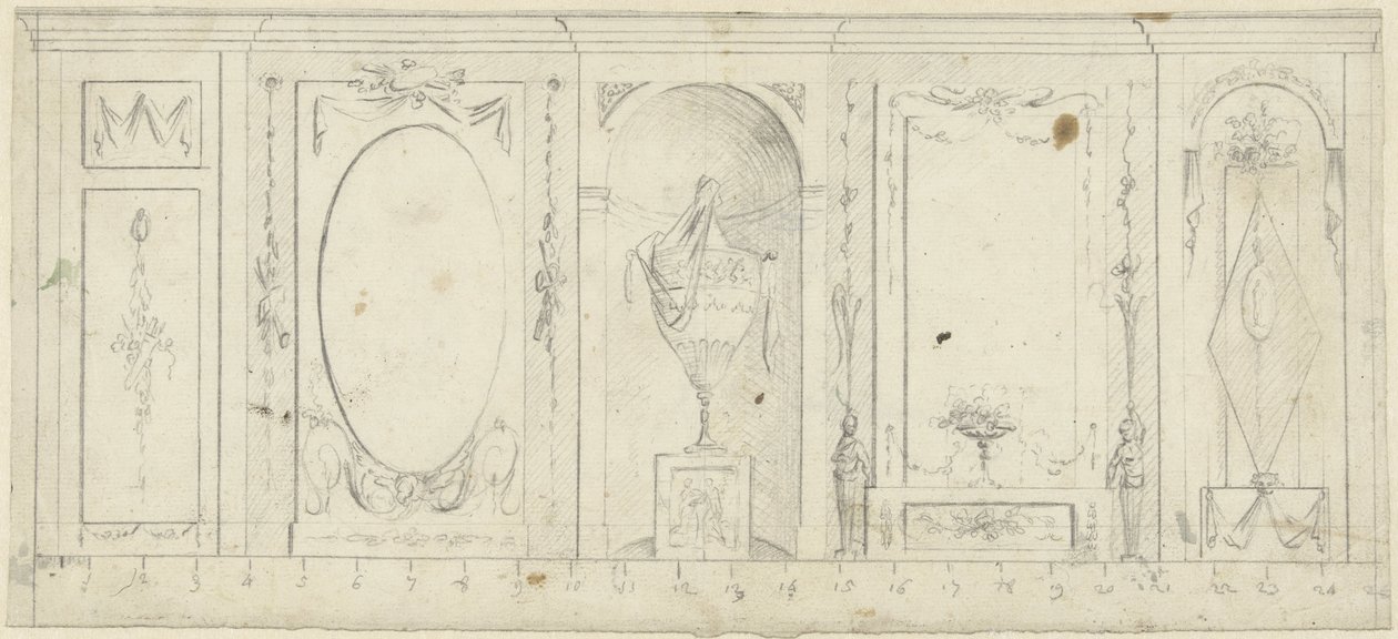 Design for romdekorasjon med fem paneler, den midterste med dekorativ vase av Abraham Meertens