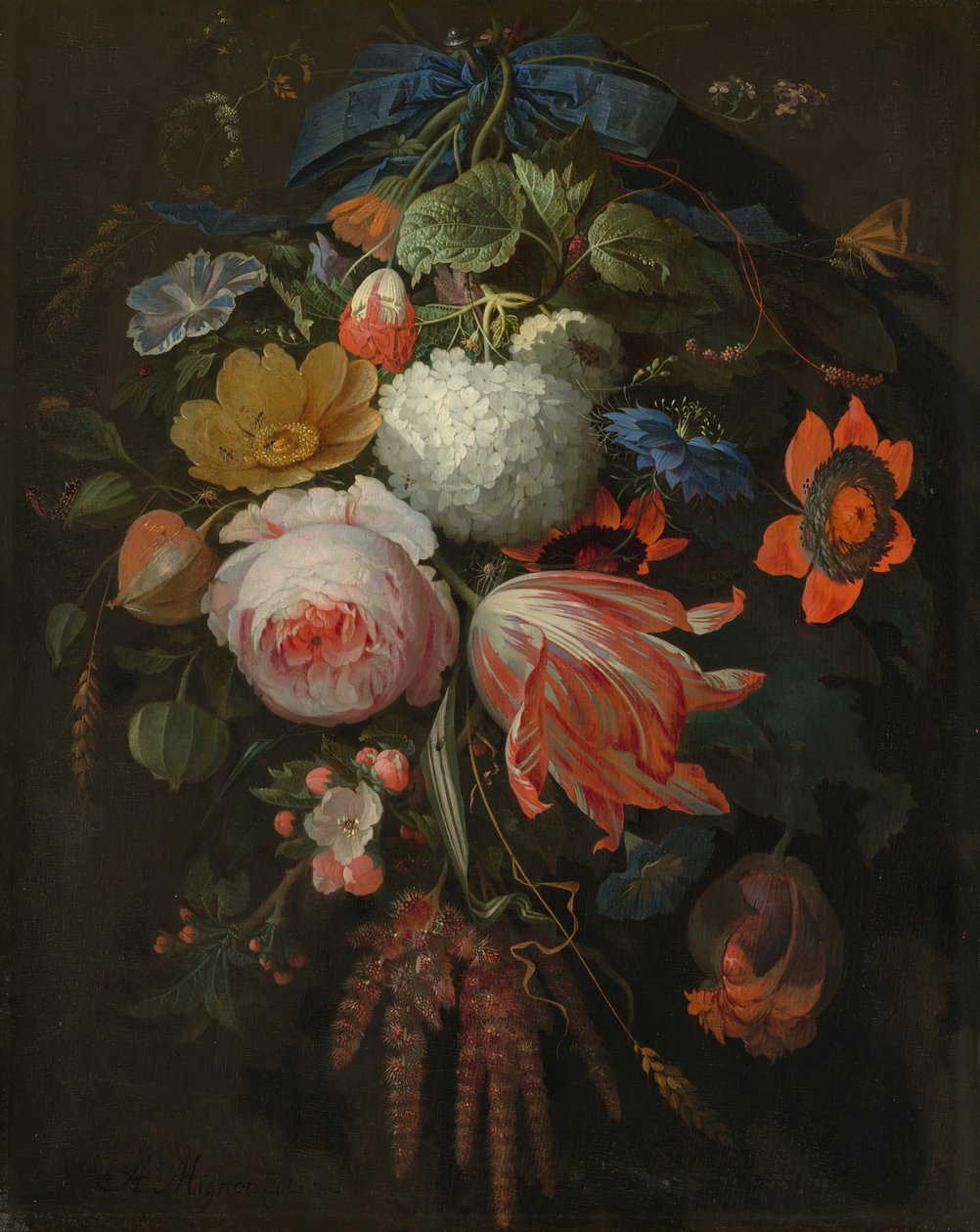En hengende blomsterbukett, sannsynligvis 16651670. av Abraham Mignon