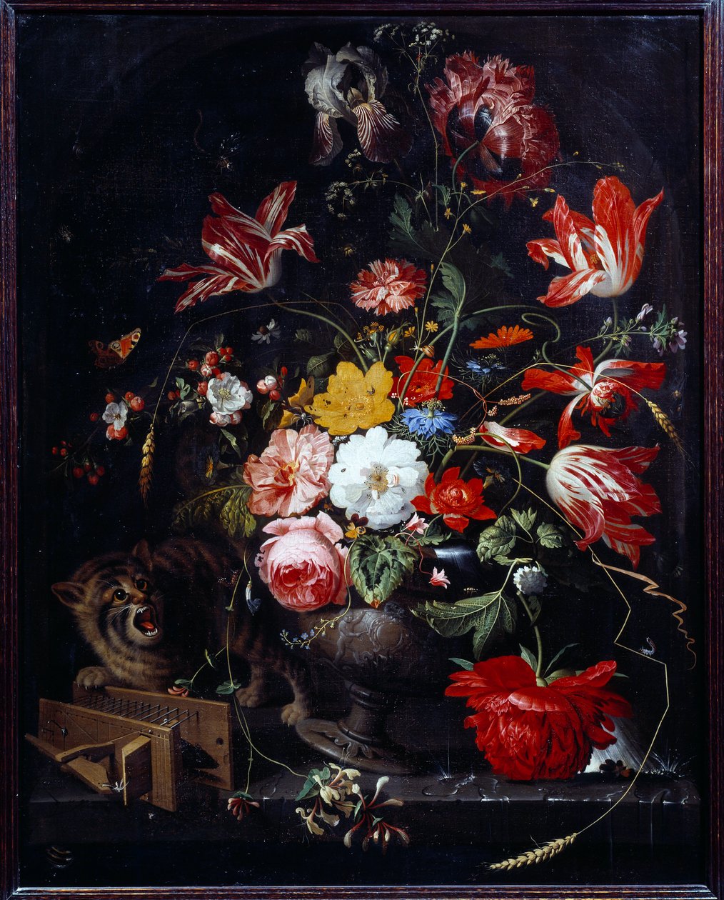 Katt som slår ned en blomstervase. Maleri av Abraham Mignon (1640-1679) ec. alle av Abraham Mignon