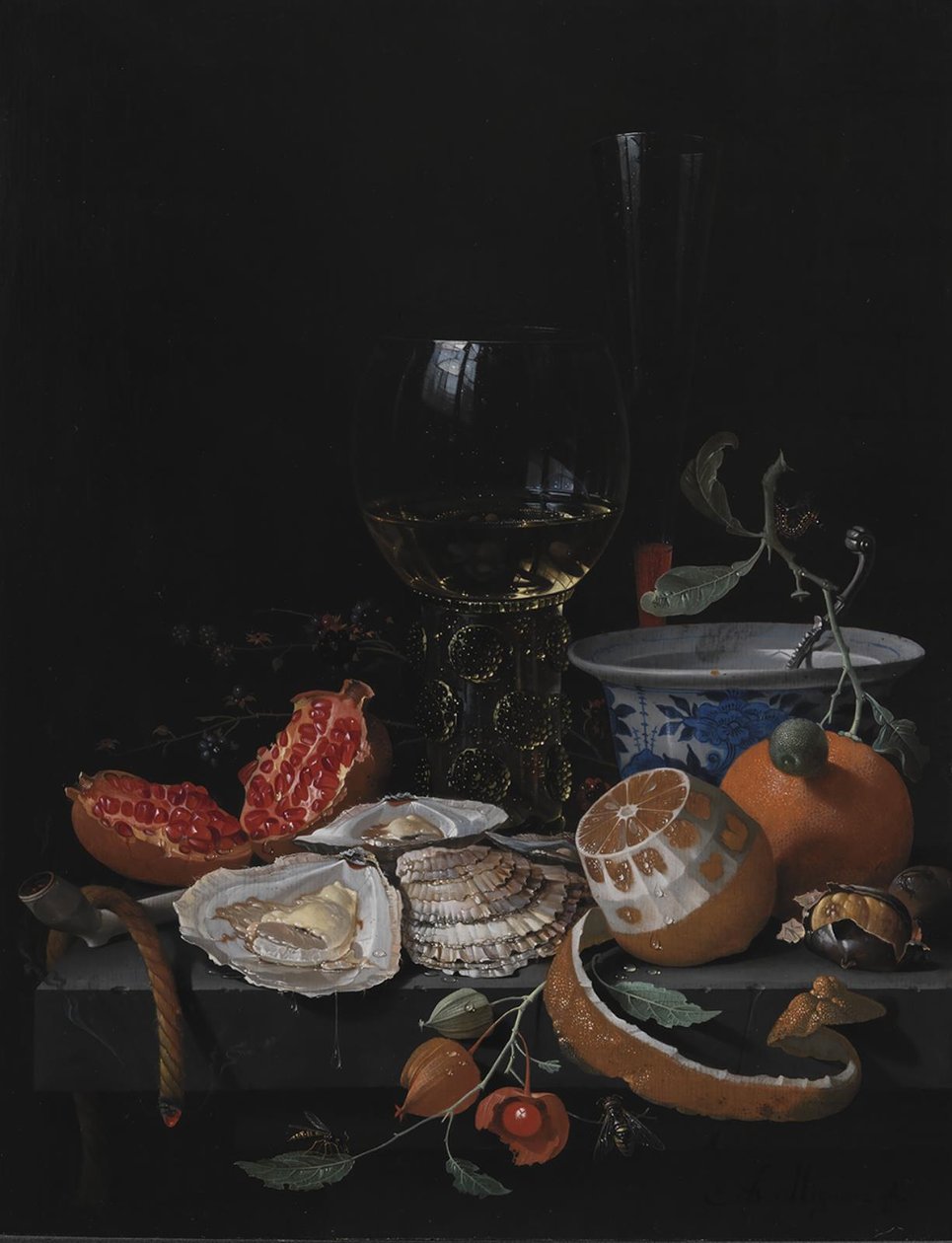 Østers, frukt og et vinglass på et steinbord av Abraham Mignon
