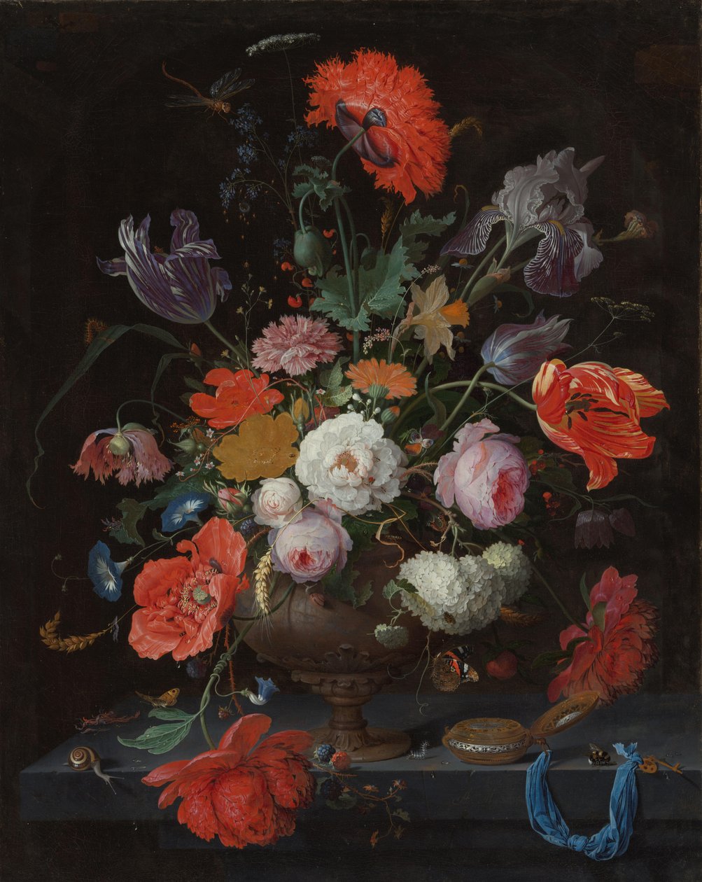 Stilleben med blomster og en klokke av Abraham Mignon