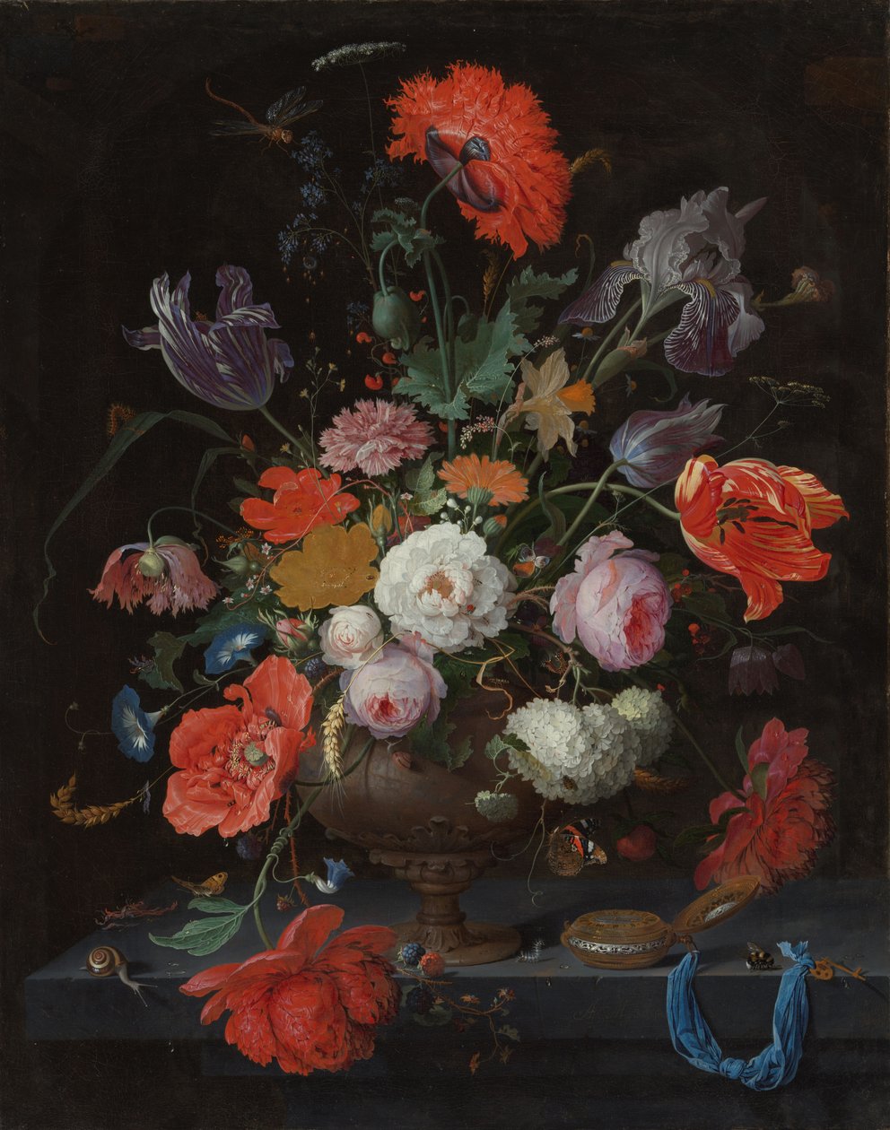Stilleben med blomster og en klokke, ca. 1660-79 (olje på lerret) av Abraham Mignon
