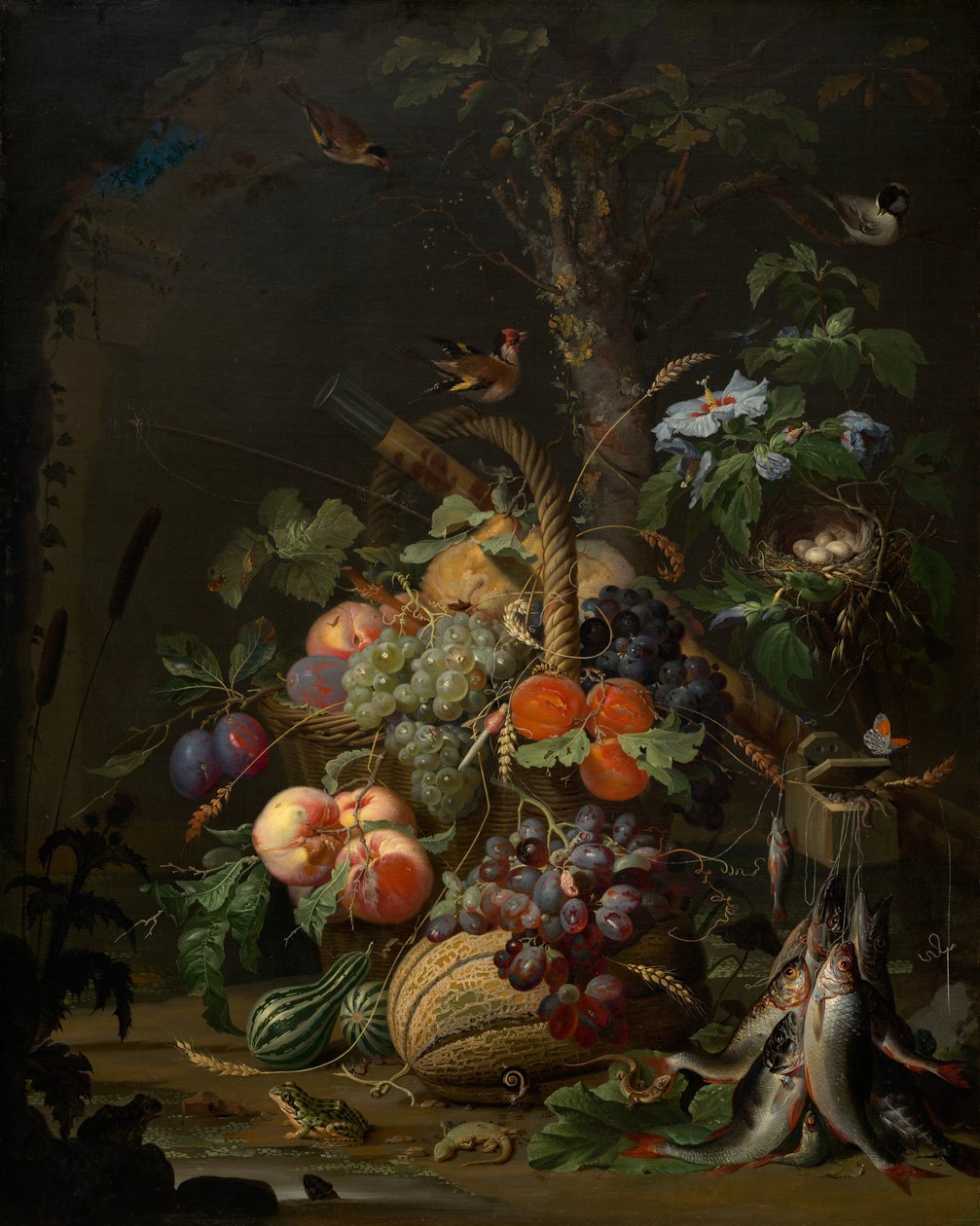 Stilleben med frukt, fisk og et rede av Abraham Mignon