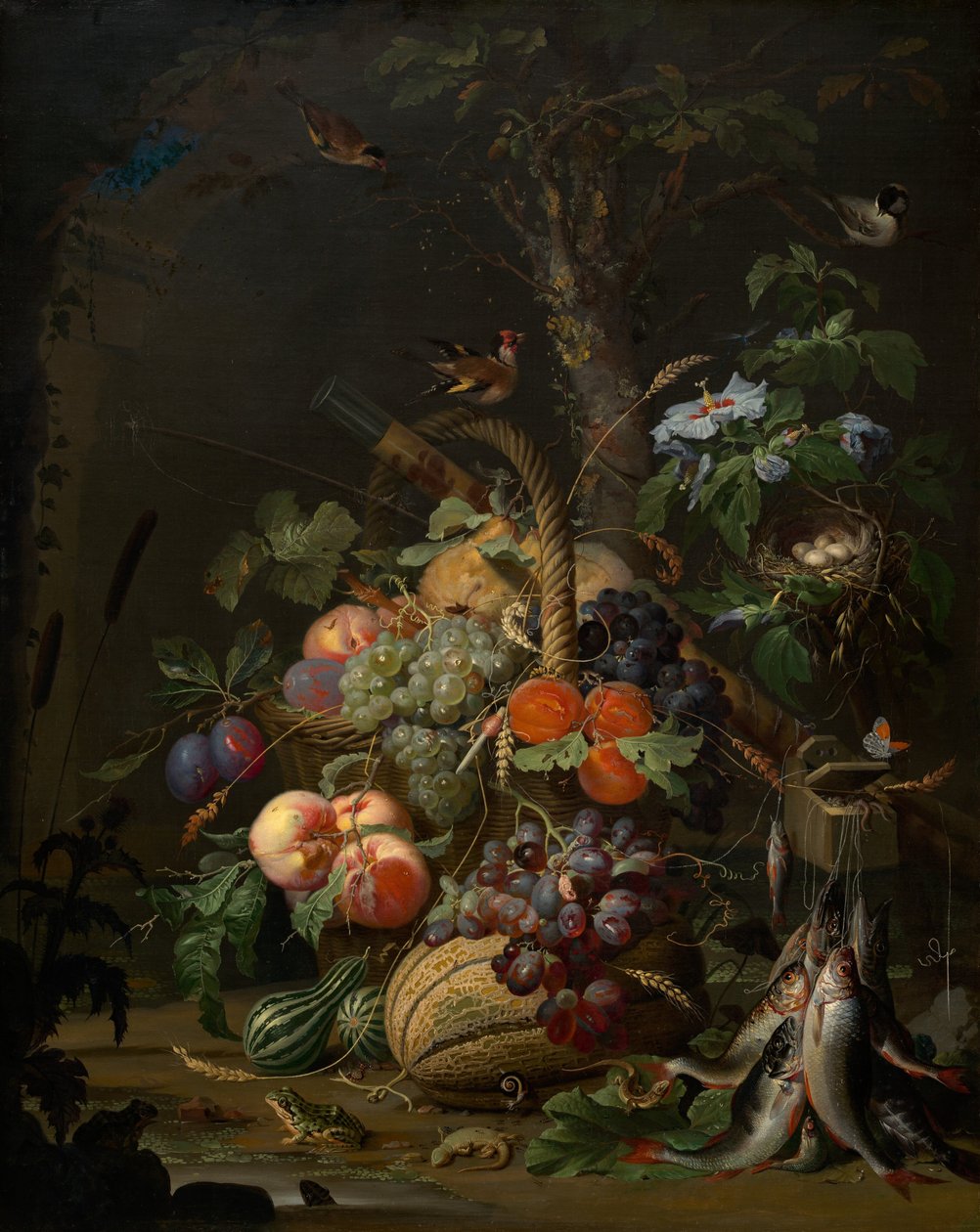 Stilleben med frukt, fisk og et rede, ca. 1675. av Abraham Mignon