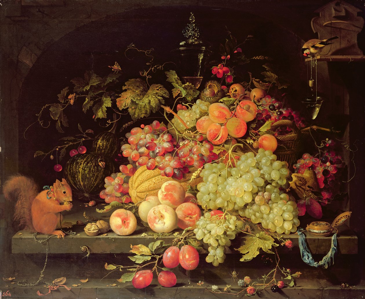 Stilleben med frukt, ekorn og gullfink av Abraham Mignon