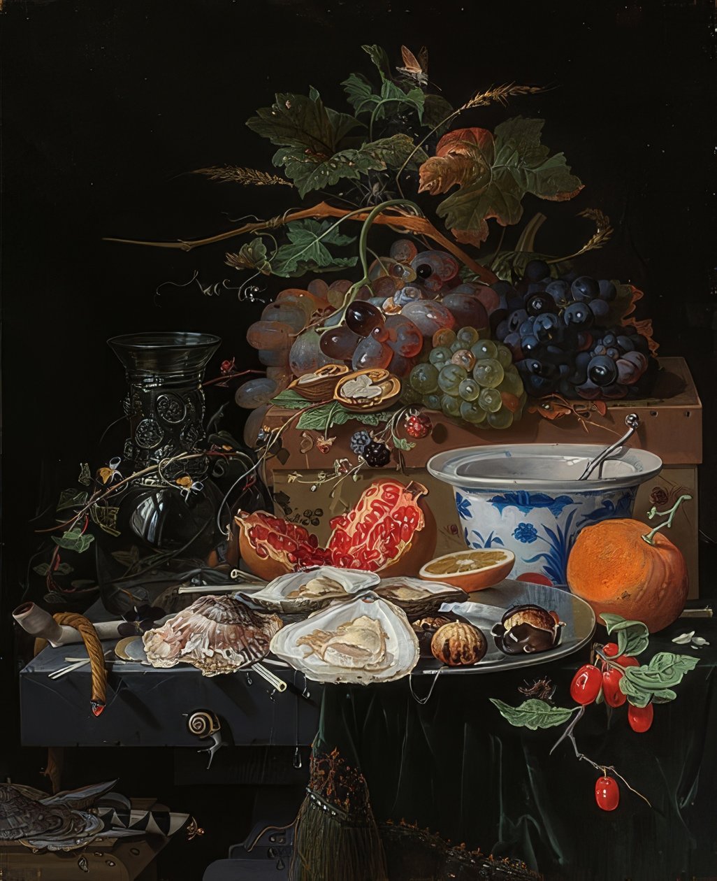 Stilleben med frukt, østers og en porselensskål av Abraham Mignon