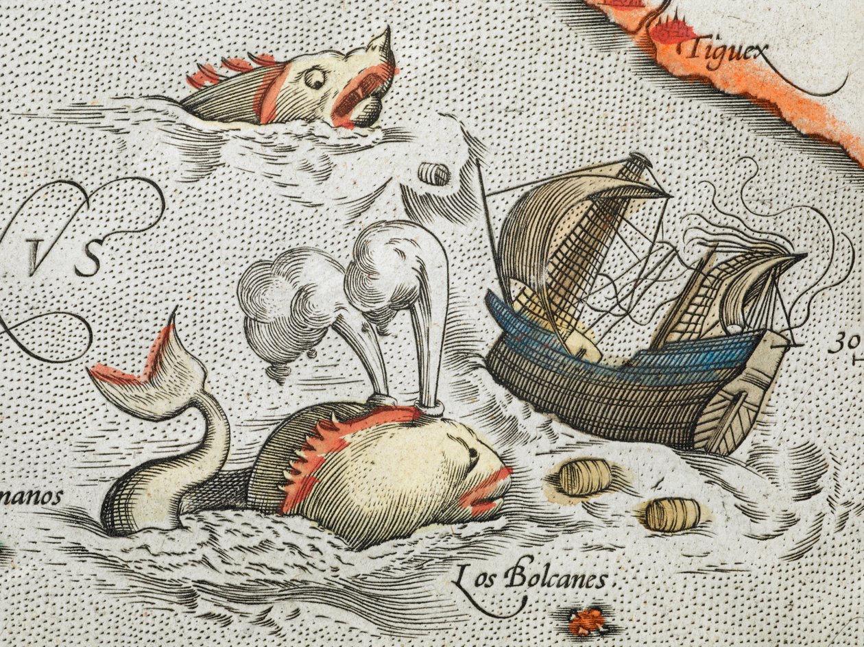 (Detalj). Sjømonstre som angriper et skip. av Abraham Ortelius