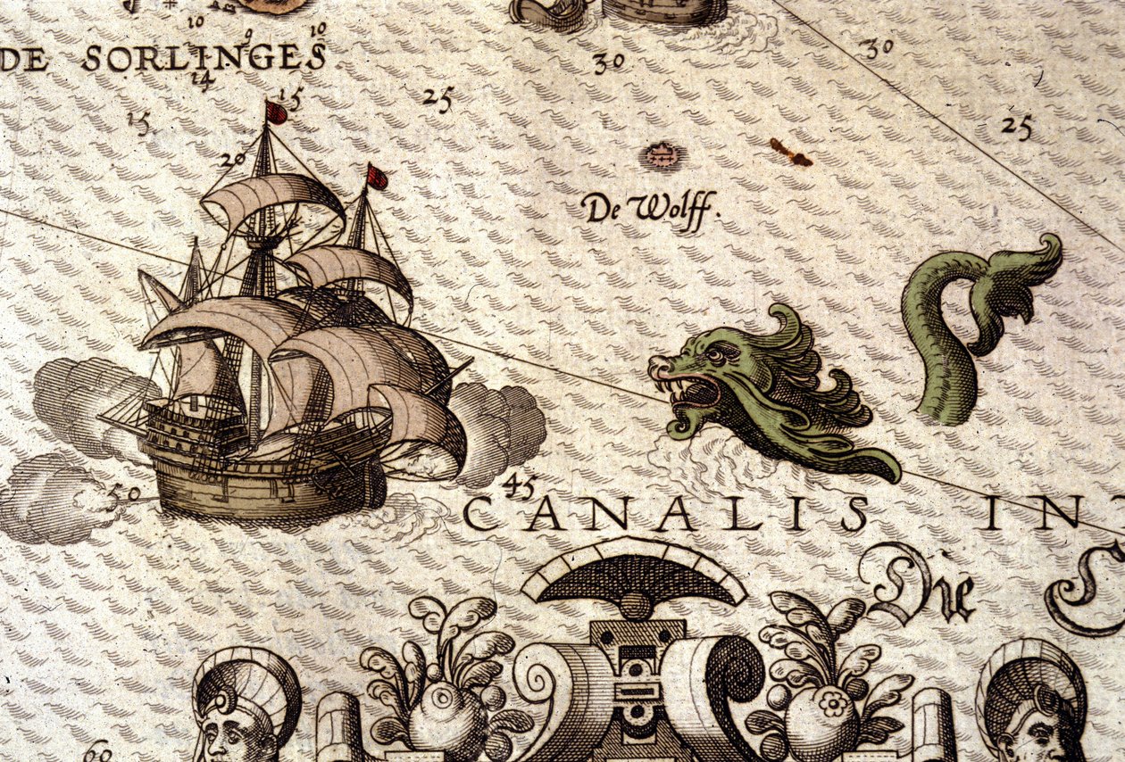 Et marinemonster som angriper en gallion (karavel). Detalj av et kart i "Theatrum Orbis Terrarum" av Abraham Ortelius, Antwerpen 1584 av Abraham Ortelius