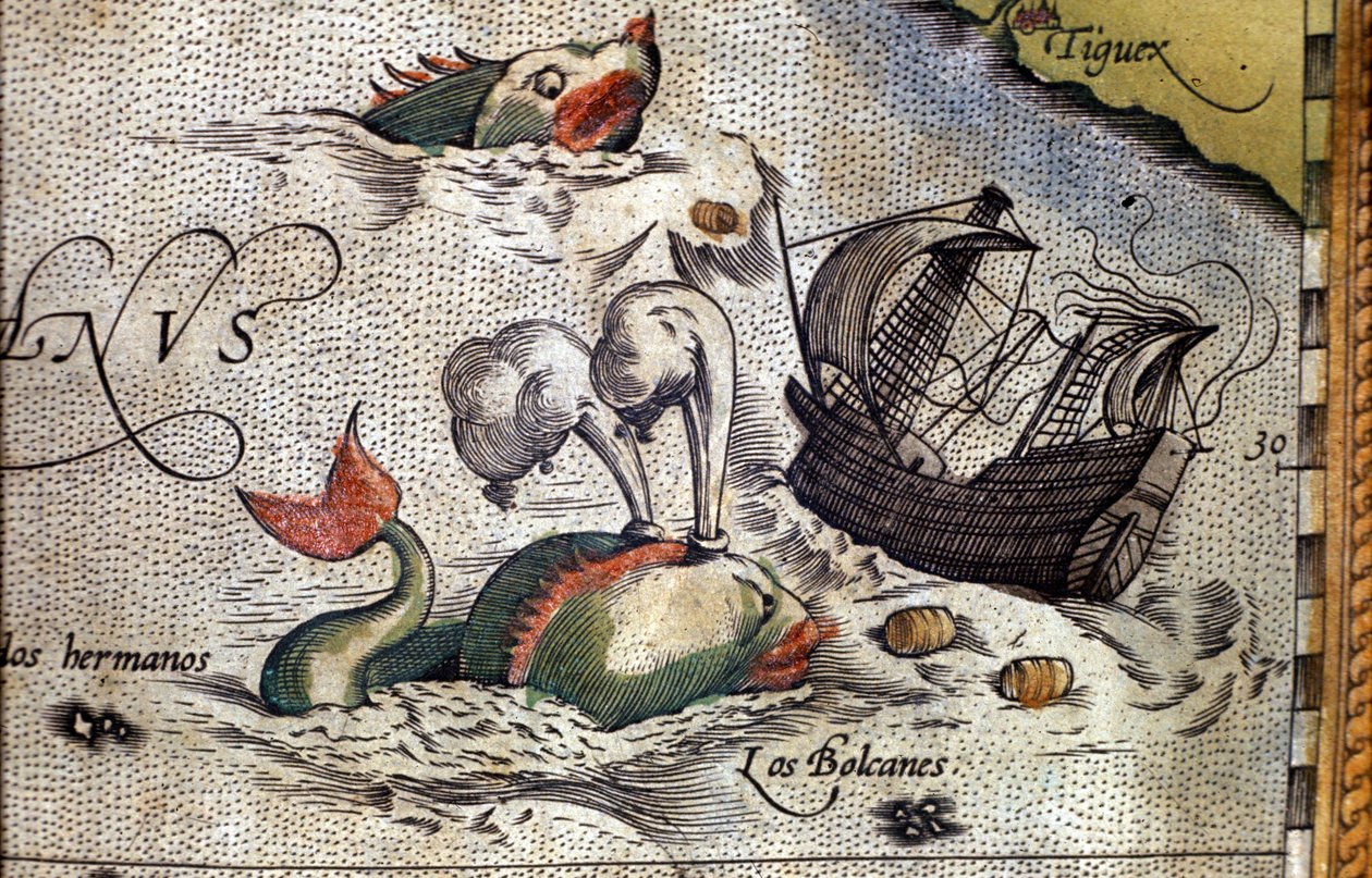 En hval angriper et skip. Tallerken fra en utgave av "Theatrum Orbis Terrarum" av kartografen Abraham Ortelius (1527-1598) av Abraham Ortelius