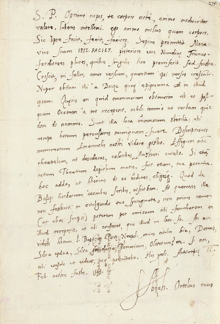 Autografbrev signert til nevøen hans, Jacob Cool (Jacobus Colius), Antwerpen, 2. februar 1595 (penn og blekk på papir) av Abraham Ortelius
