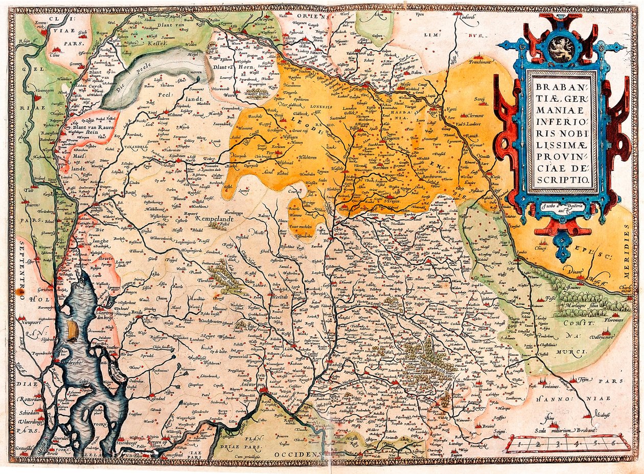 Geografikart over territoriet sør for Nederland germansk (Kempeland) hentet fra "Theatrum Orbis Terrarum" av Abraham Ortelius (Oertel, Ortell eller Ortel av Abraham Ortelius