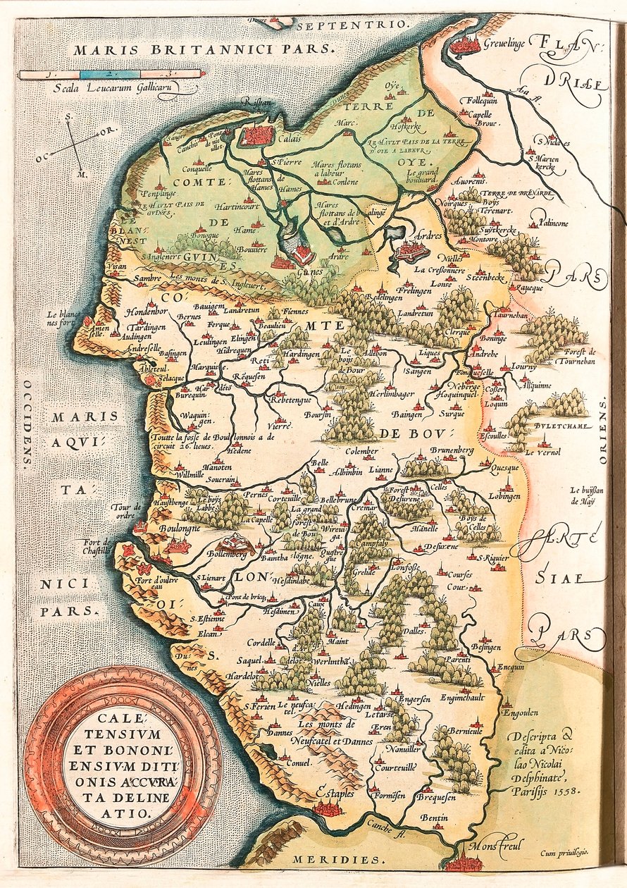 Caletensium et Bononiensium Ditionis Accurata Delineatio Geografisk kart over Boulonnais-territoriet (Comte de Boulogne), Artois og Fransk Flandern (Frankrike) inkludert stedene Calais, Arches, Greuelinge, Etaples og Montreuil... hentet fra «Theatrum Or av Abraham Ortelius
