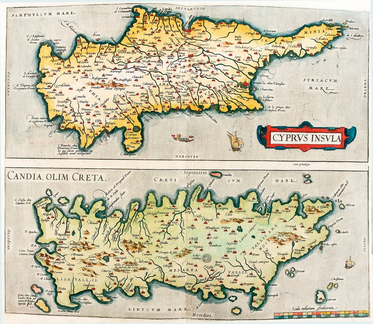 Kypros Island - Candia, tidligere Kreta Geografikart over middelhavsøyene Kypros og Kreta i Hellas fra "Theatrum Orbis Terrarum" av Abraham Ortelius (Oertel, Ortell eller Ortel av Abraham Ortelius