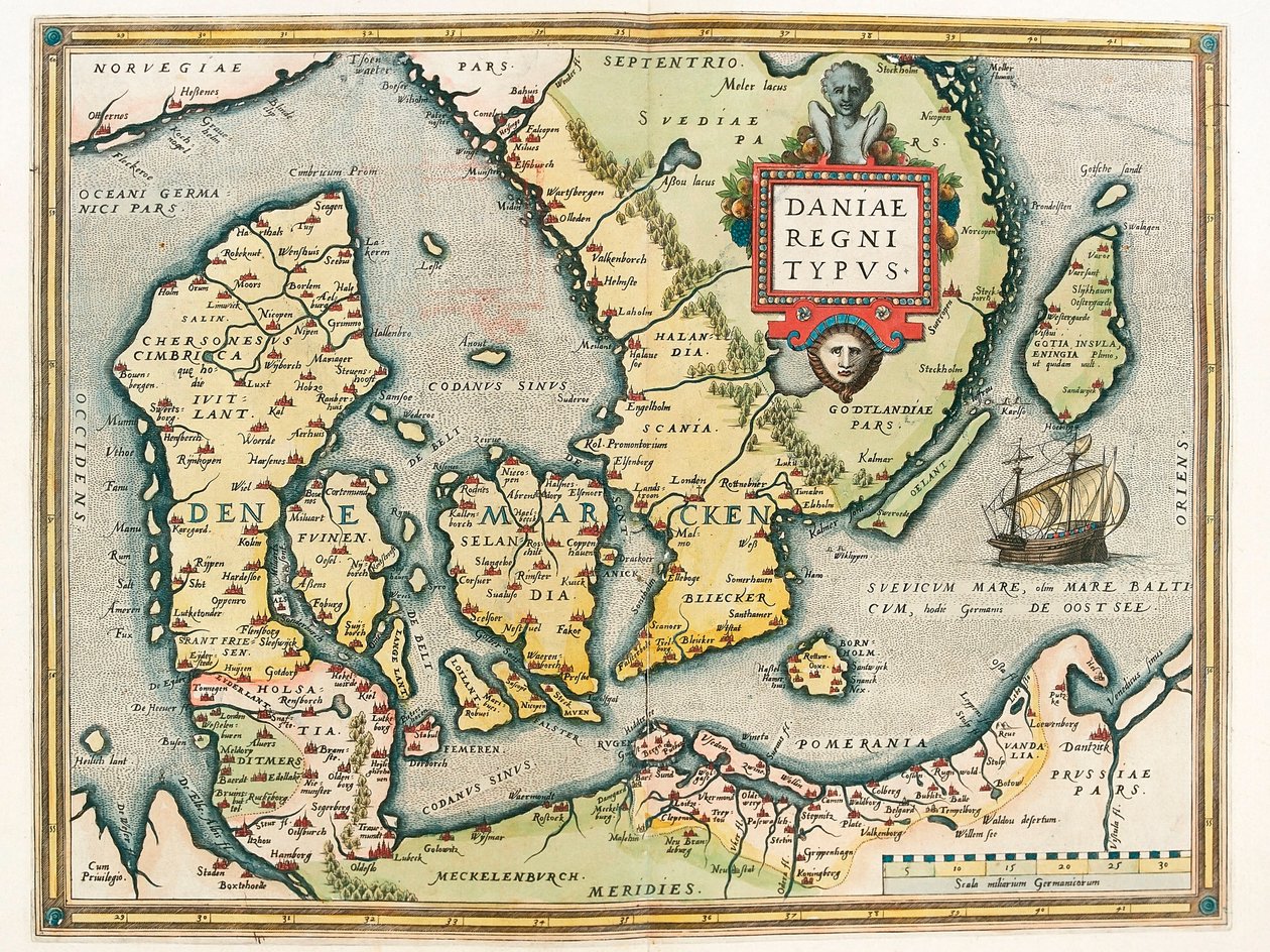Kongeriket Danmark Type Geografikart over territoriet til Danmark og Sør-Sverige fra "Theatrum Orbis Terrarum" av Abraham Ortelius (Oertel, Ortell eller Ortel av Abraham Ortelius