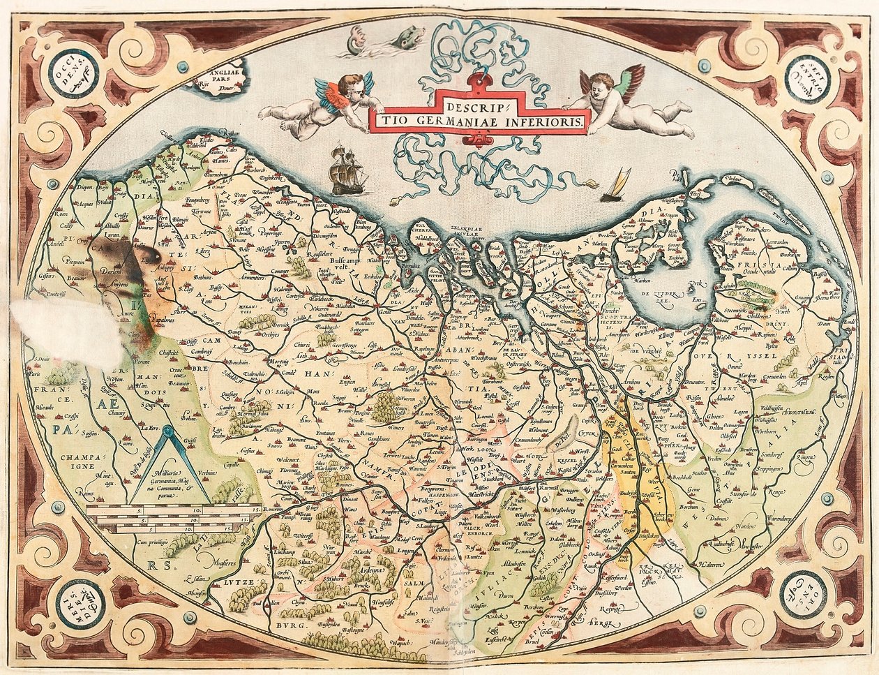 Beskrivelse av Nedre Tyskland Geografikart over territoriet til Nederland germansk fra "Theatrum Orbis Terrarum" av Abraham Ortelius (Oertel, Ortell eller Ortel av Abraham Ortelius