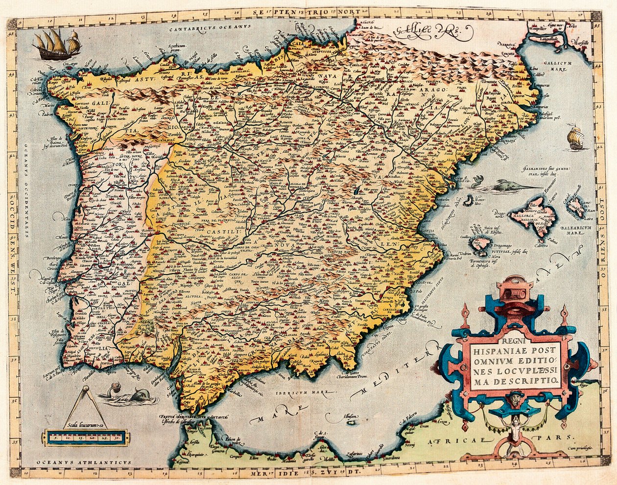 Beskrivelse av Spania. Geografikart fra "Theatrum Orbis Terrarum" av Abraham Ortelius (1527-1598) av Abraham Ortelius