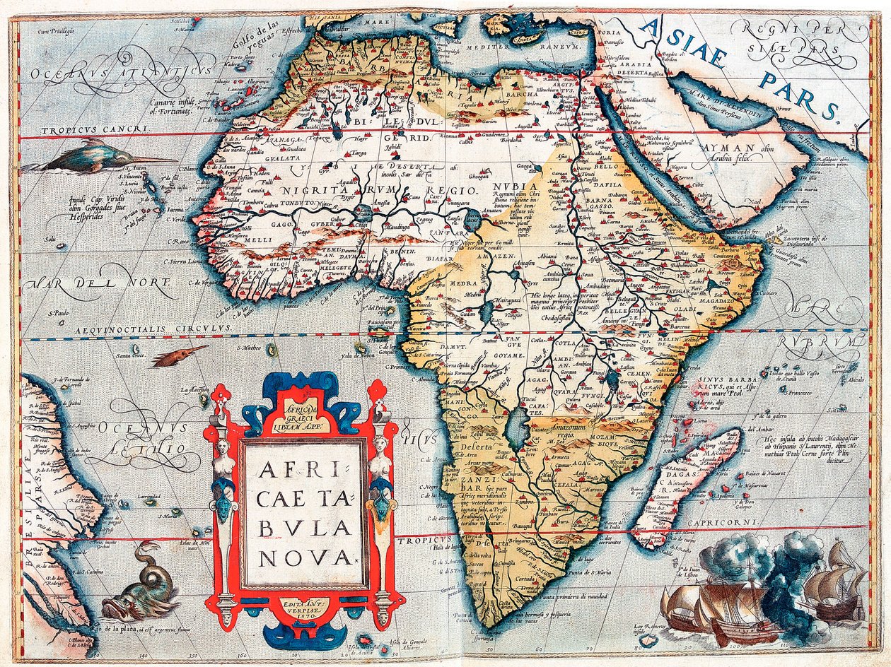 Beskrivelse av det afrikanske kontinentet. Geografikart fra "Theatrum Orbis Terrarum" av Abraham Ortelius (1527-1598) av Abraham Ortelius