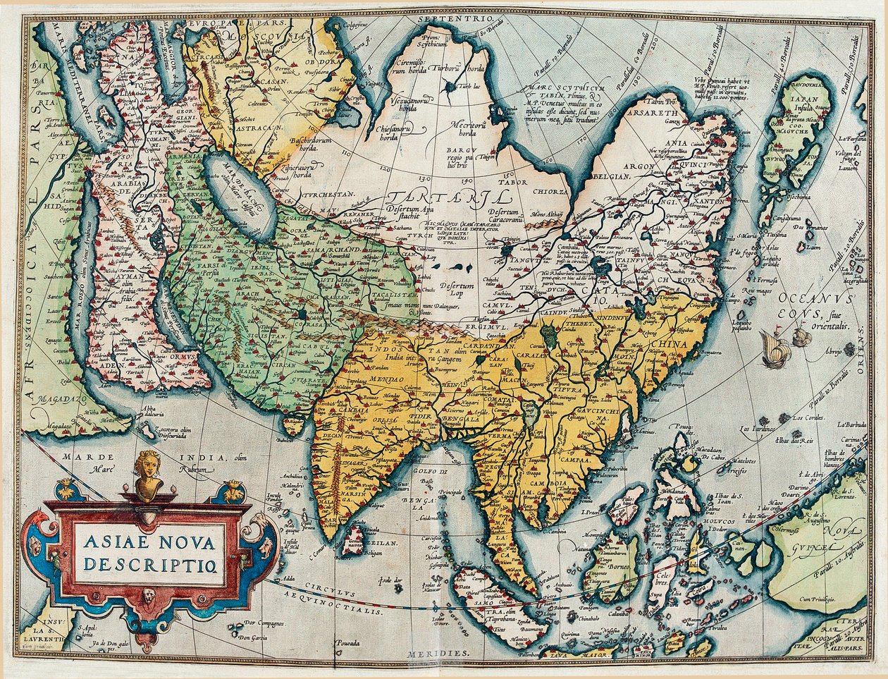 Beskrivelse av det asiatiske kontinentet, geografikart fra "Theatre of the World" av Abraham Ortelius