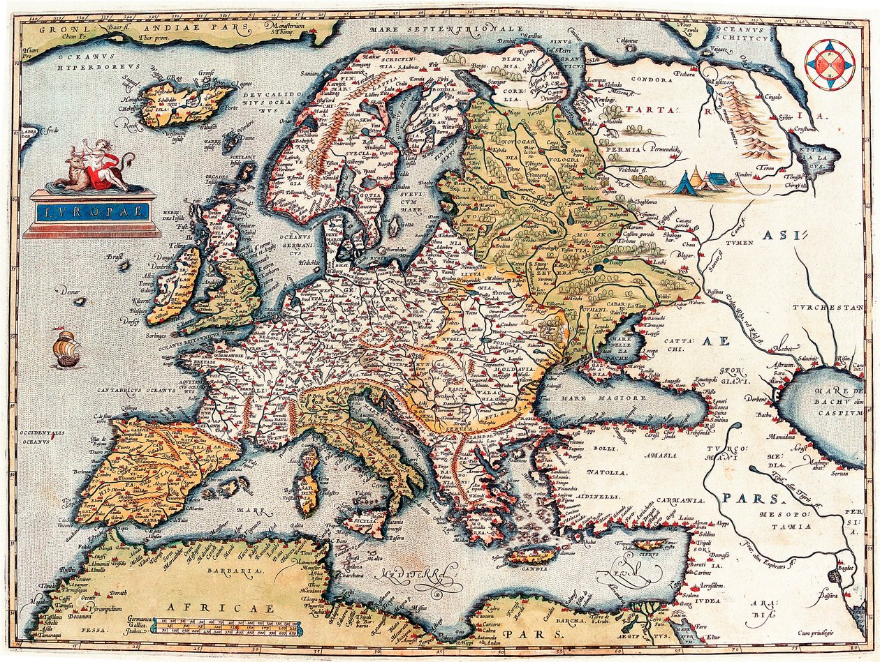 Beskrivelse av det europeiske kontinentet. Geografikart fra "Theatrum Orbis Terrarum" av Abraham Ortelius av Abraham Ortelius