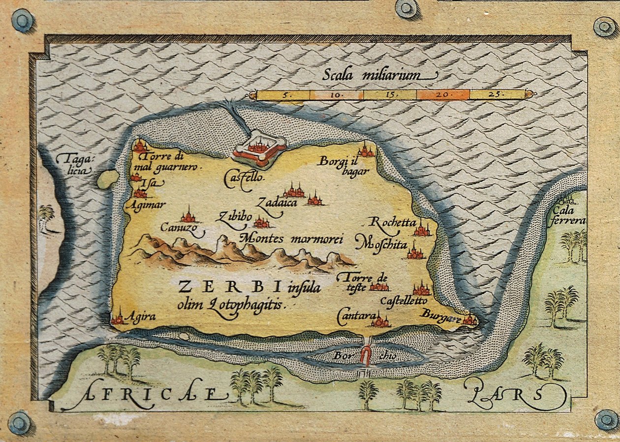 Detalj av Zerbi fra kart over middelhavsøyene av Abraham Ortelius