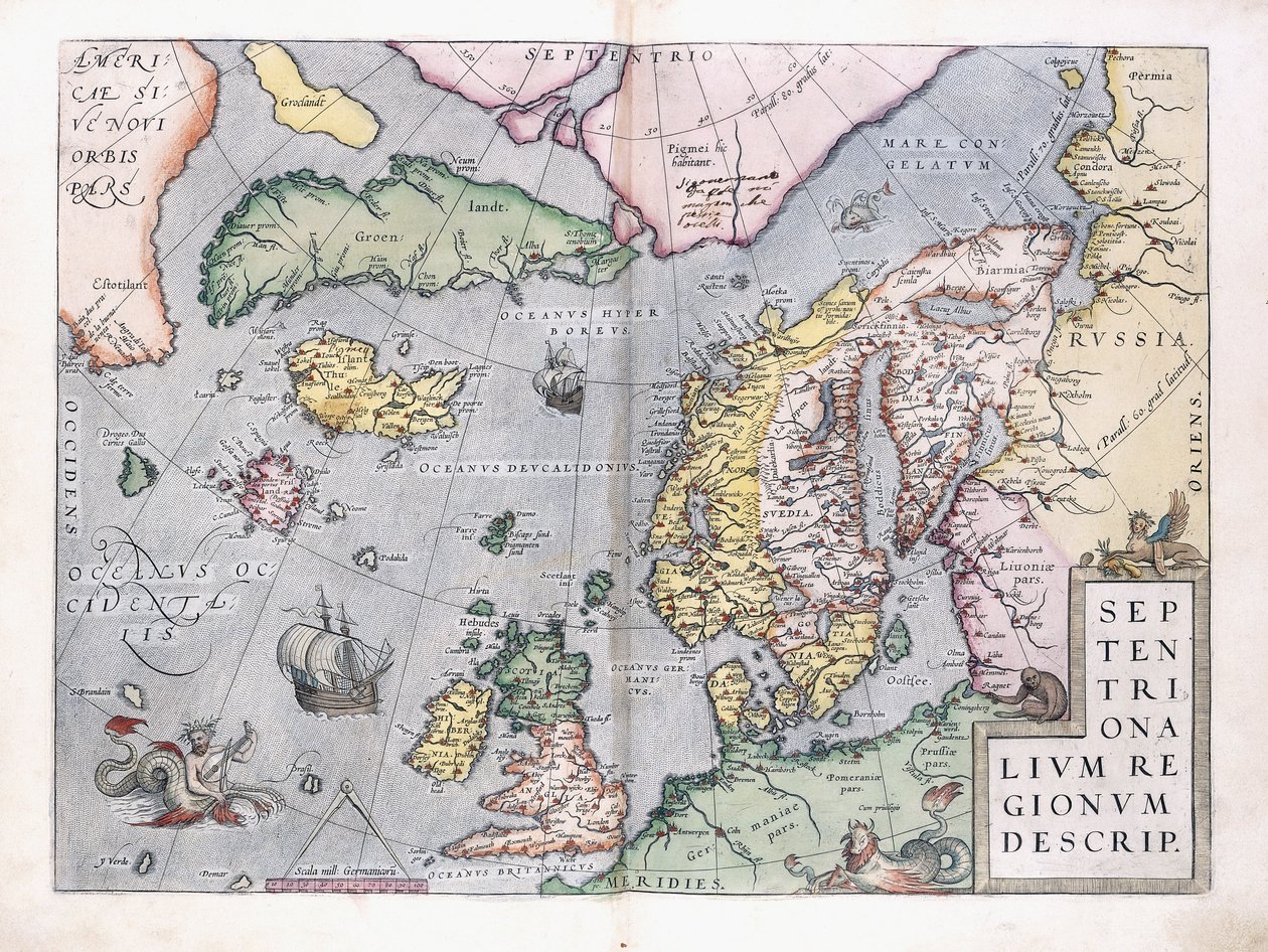 Dobbeltsidig kart over Nord-Europa, 1575 av Abraham Ortelius