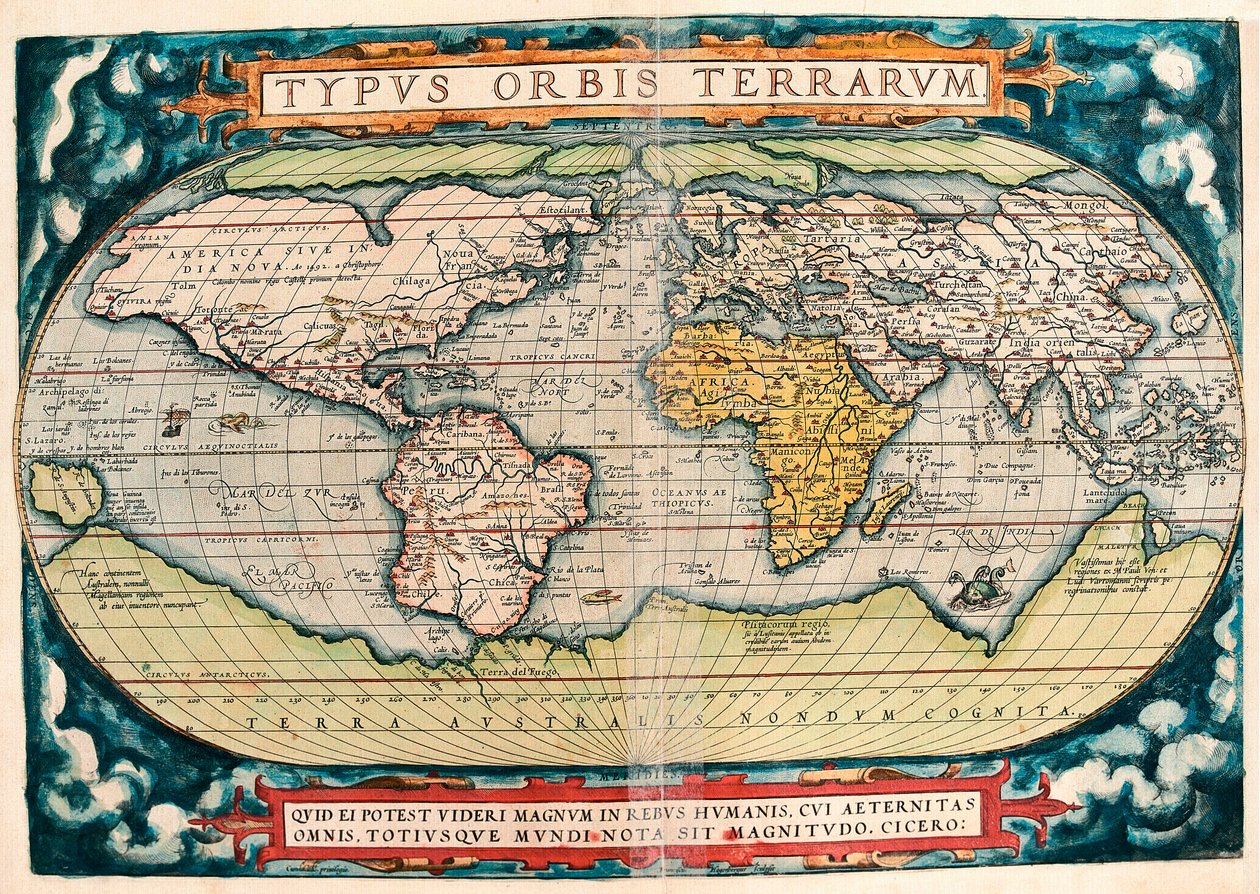 Jordkart (verdenskart) Geografikart fra "Theatrum Orbis Terrarum" av Abraham Ortelius (1527-1598) av Abraham Ortelius