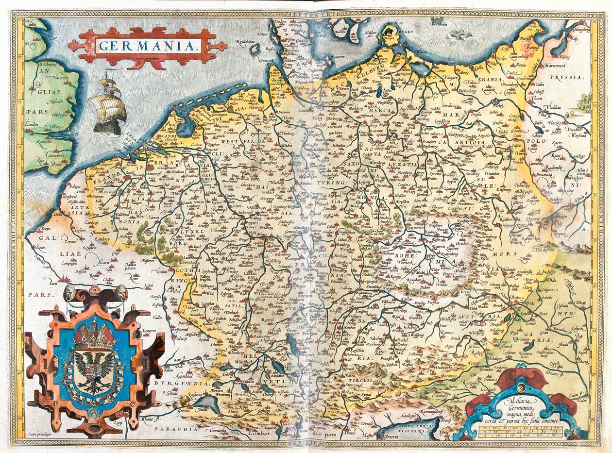 Frankrike (Region: Øvre Normandie, Picardie, North-pas de Calais, Ile-de-France, Champagne-Ardenne, Lorraine, Alsace, Burgund, Franche-Comté, Rhône-Alpes), Belgia, Nederland, Luxembourg, Tyskland, Polen (Voivodskap: Vest-Pommern, Pommern, Grenien, Lubusz av Abraham Ortelius