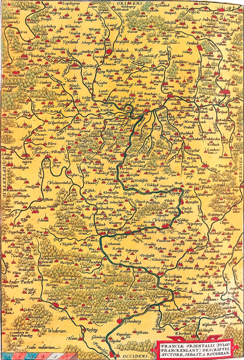 Øst-Frankrike (Vulgo/Franckenlant) Beskrivelse, forfatter, Sebast. A. Rotenhan Geografikart over territoriet til Franken i Tyskland med byen Frankfurt (også byen Karlstadt..) hentet fra "Theatrum Orbis Terrarum" av Abraham Ortelius (Oer) av Abraham Ortelius