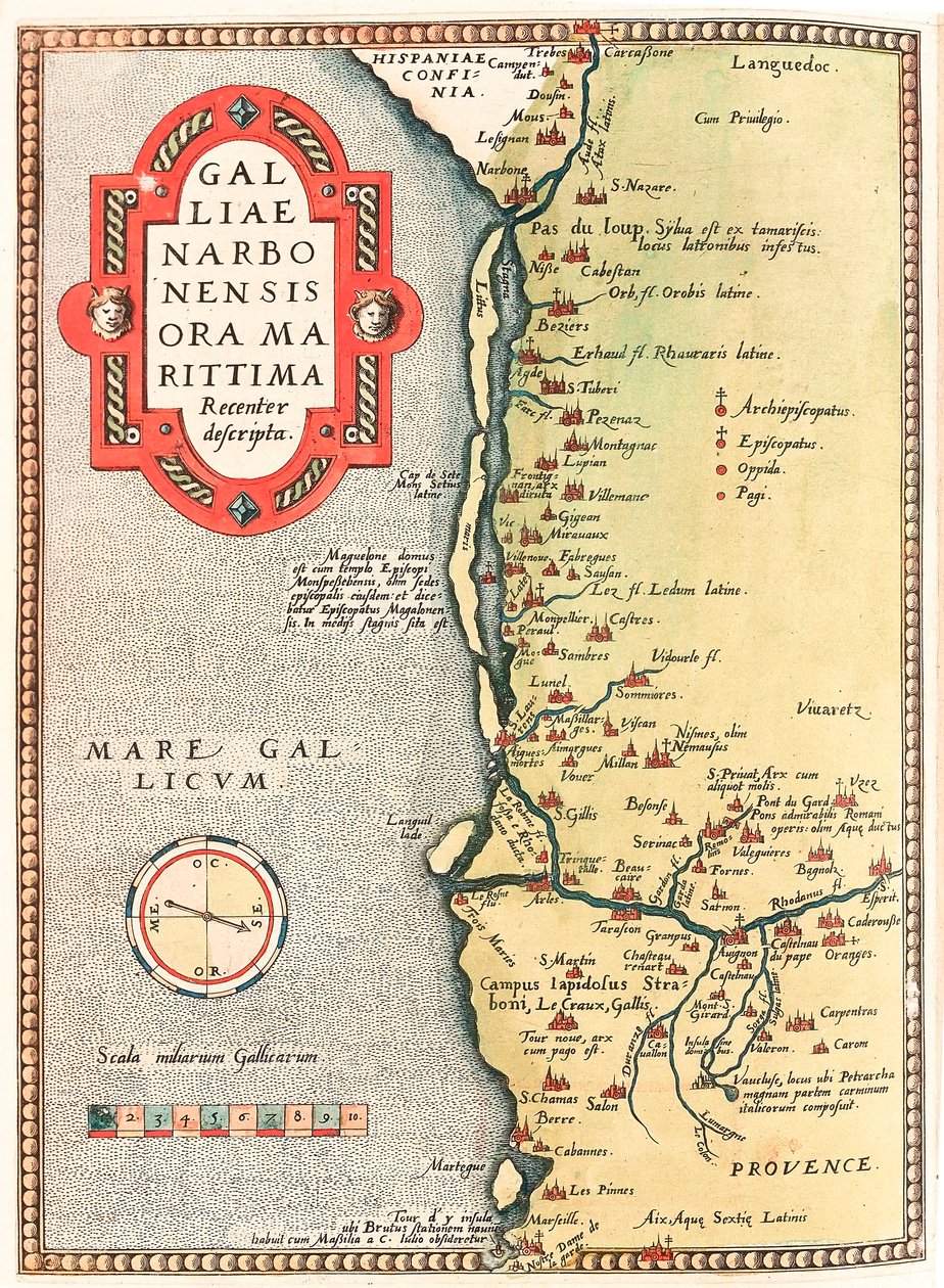 Kart over Narbonne-regionen i Narbonne nylig beskrevet Geografikart over territoriet til Narbonne som strekker seg fra byen Narbonne til Marseille via Beziers, Montpellier, Arles... hentet fra "Theatrum Orbis Terrarum" av Abraham Ortelius (Oertel, Ortell e av Abraham Ortelius
