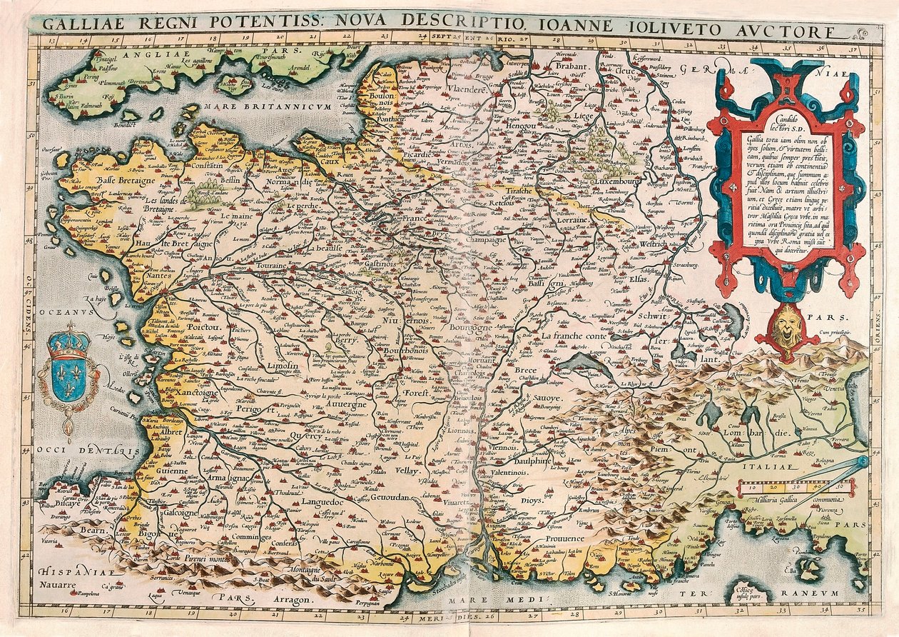 et mektig rike i Gallia. en ny beskrivelse. Geografikart over territoriet til Gallia (Frankrike) fra "Theatrum Orbis Terrarum" av Abraham Ortelius (Oertel, Ortell eller Ortel av Abraham Ortelius