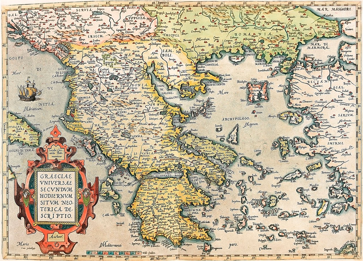 Geografikart over territoriet til Hellas med Peloponnes og øyene hentet fra "Theatrum Orbis Terrarum" av Abraham Ortelius (Oertel, Ortell eller Ortel av Abraham Ortelius