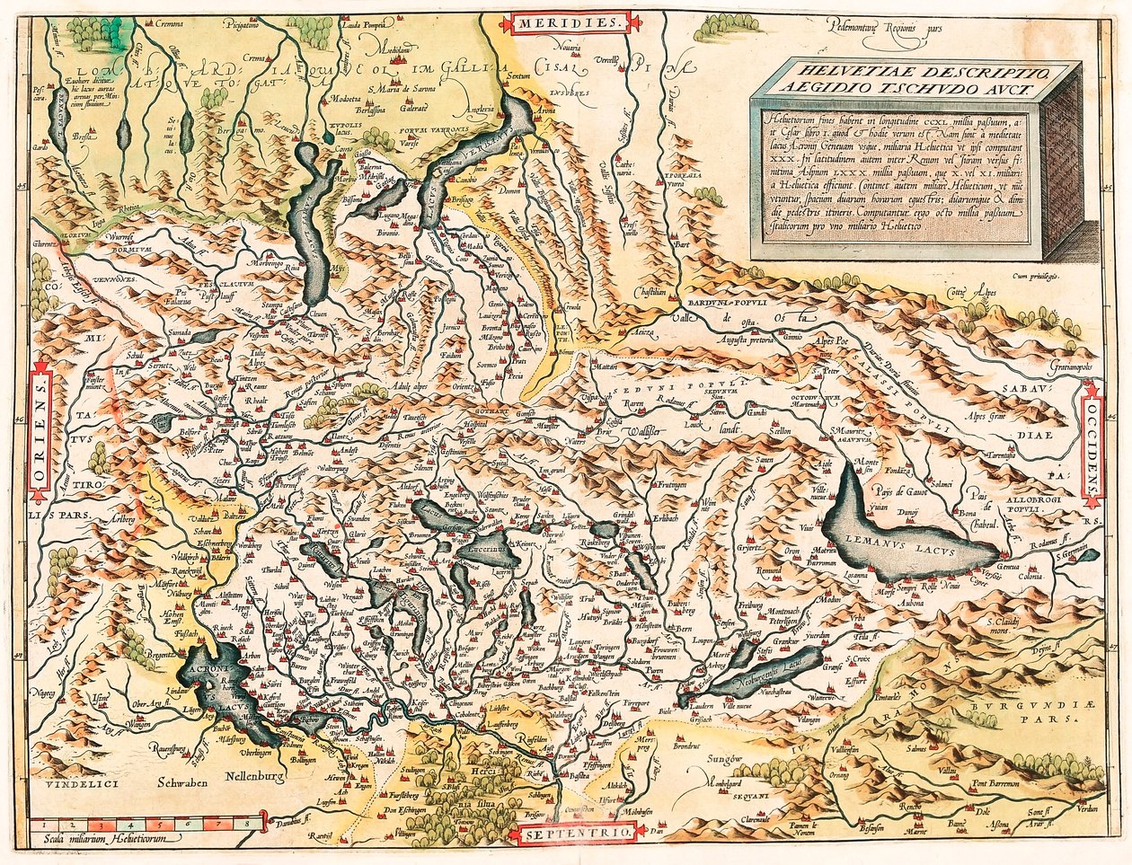 Helvetiae Beskrivelse Aegidius Tschudo Auct. Geografikart over de sveitsiske og franske alpene inkludert innsjøer fra "Theatrum Orbis Terrarum" av Abraham Ortelius (Oertel, Ortell eller Ortel av Abraham Ortelius