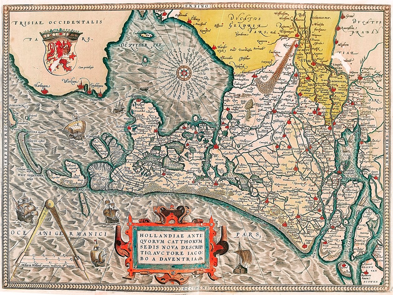 En ny beskrivelse av setet til de gamle kattene i Holland, av Lacobos et daventria Geografikart over territoriet til Nederland med byene Amsterdam og Haarlem... hentet fra "Theatrum Orbis Terrarum" av Abraham Ortelius (Oertel, Ortell eller Orte av Abraham Ortelius