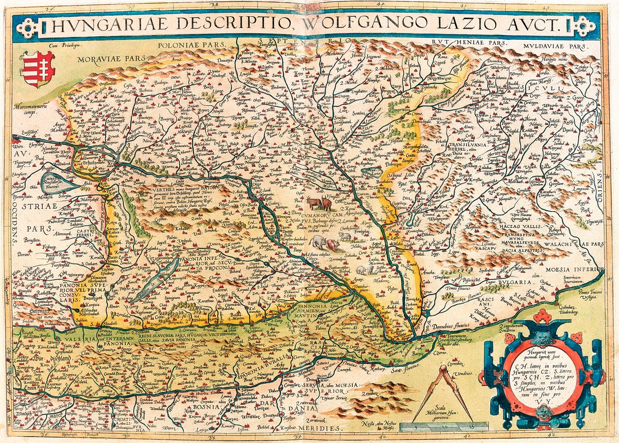 Ungarsk beskrivelse, Wolfgango Lazio Aut. Geografikart over territoriet til Ungarn fra "Theatrum Orbis Terrarum" av Abraham Ortelius (Oertel, Ortell eller Ortel av Abraham Ortelius