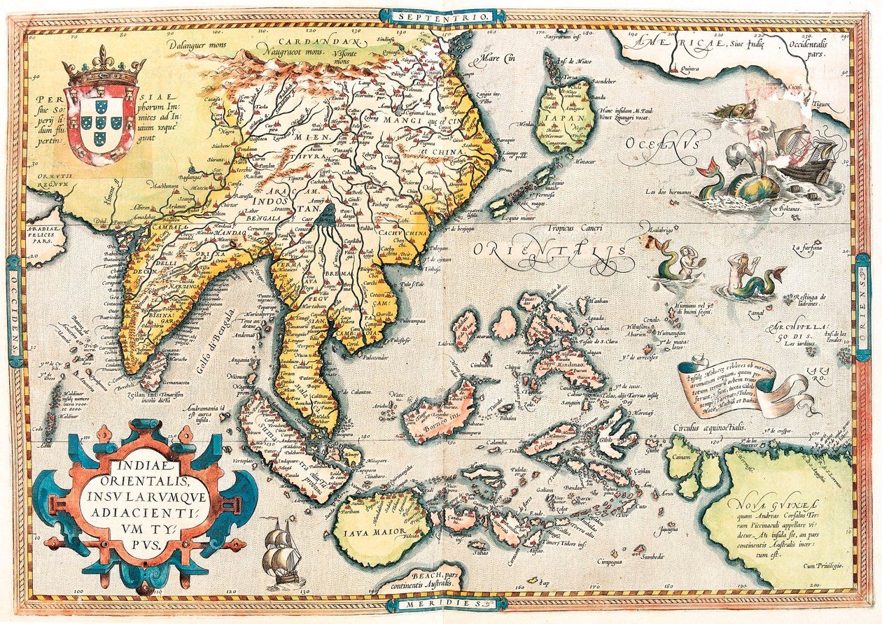 East India Company. Geografikart over Øst-India og Sørøst-asiatisk territorium fra "Theatrum Orbis Terrarum" av Abraham Ortelius (Oertel, Ortell eller Ortel av Abraham Ortelius