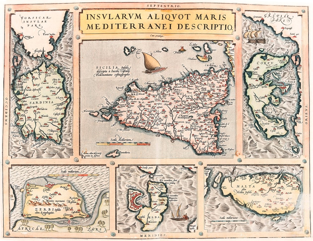 En beskrivelse av de flere øyene i Middelhavet. Geografikart over middelhavsøyene Sicilia, Sardinia, Korfu, Malta, Djerba og Elba (Sicilia, Sardegna, Colfu, Malta Djerba, Elba) fra "Theatrum Orbis Terrarum" av Abraham Ortelius (Oertel, Ortell) av Abraham Ortelius