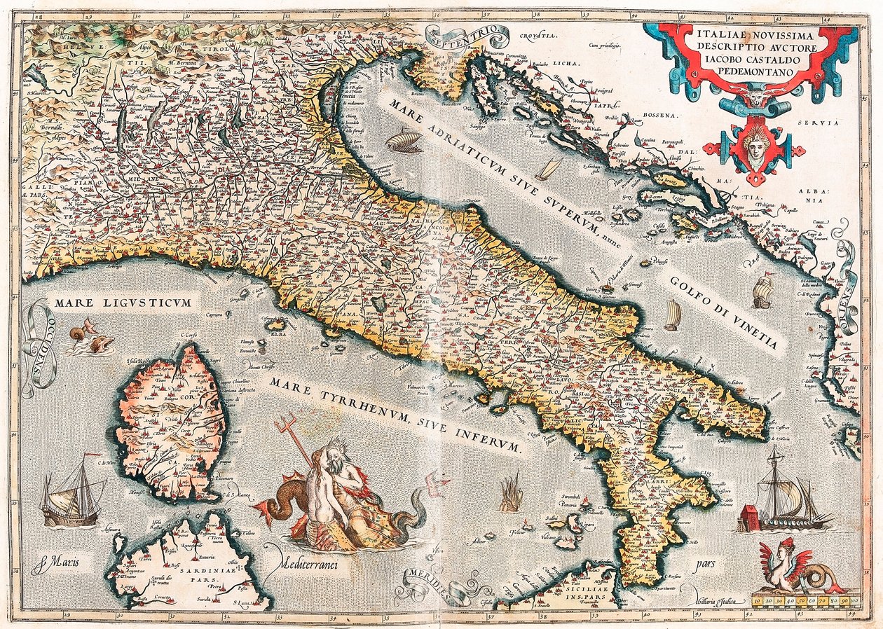 Siste beskrivelse av Italia av forfatteren Jacob Castaldo Piedmontano Geografikart over Italias territorium hentet fra "Theatrum Orbis Terrarum" av Abraham Ortelius (Oertel, Ortell eller Ortel av Abraham Ortelius