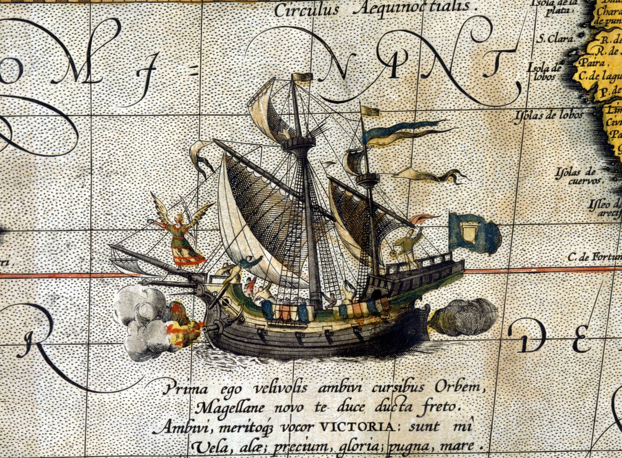 Magellans båt "" Victoria"" som reiste gjennom Stillehavet representert i det nederlandske atlaset til Abrahm Ortelius (1580). av Abraham Ortelius