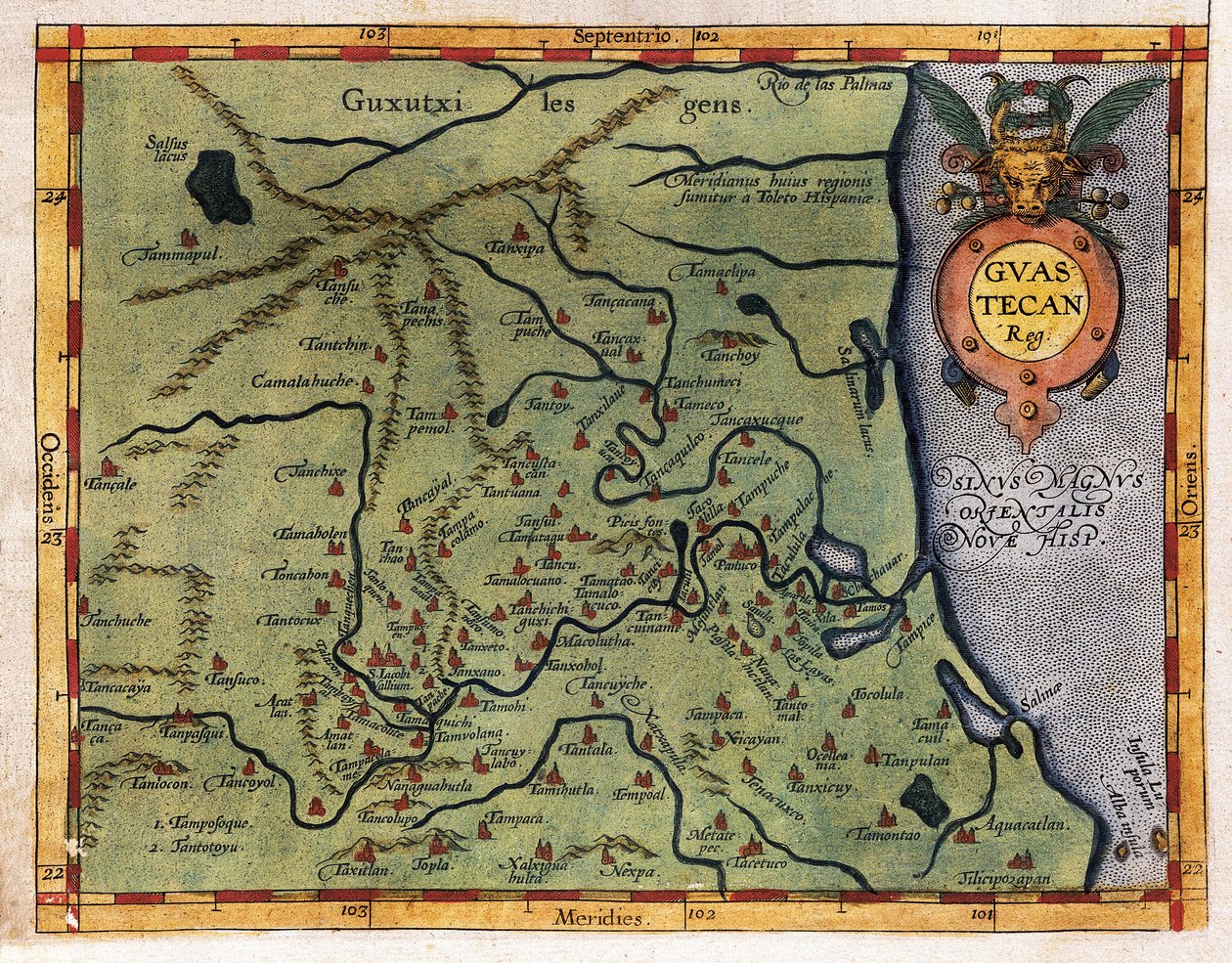 Kart over Mexicogulfen (Guastecan), fra Hernando de Sotos ekspedisjon i 1570 (gravering) av Abraham Ortelius