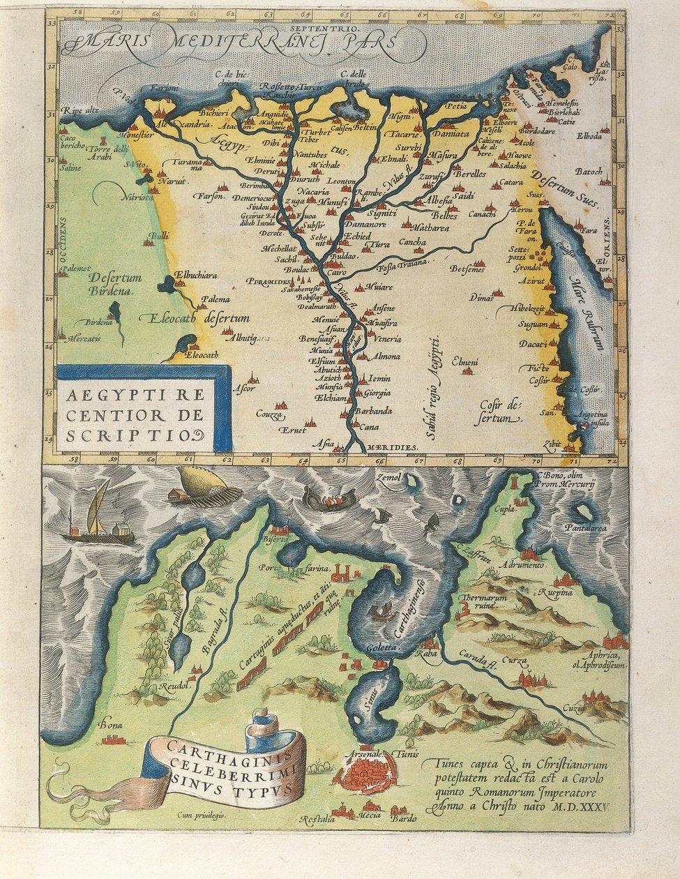 Kart over Nildeltaet og den gamle byen Kartago, fra Theatre Orbis Terrarum av Abraham Ortelius av Abraham Ortelius