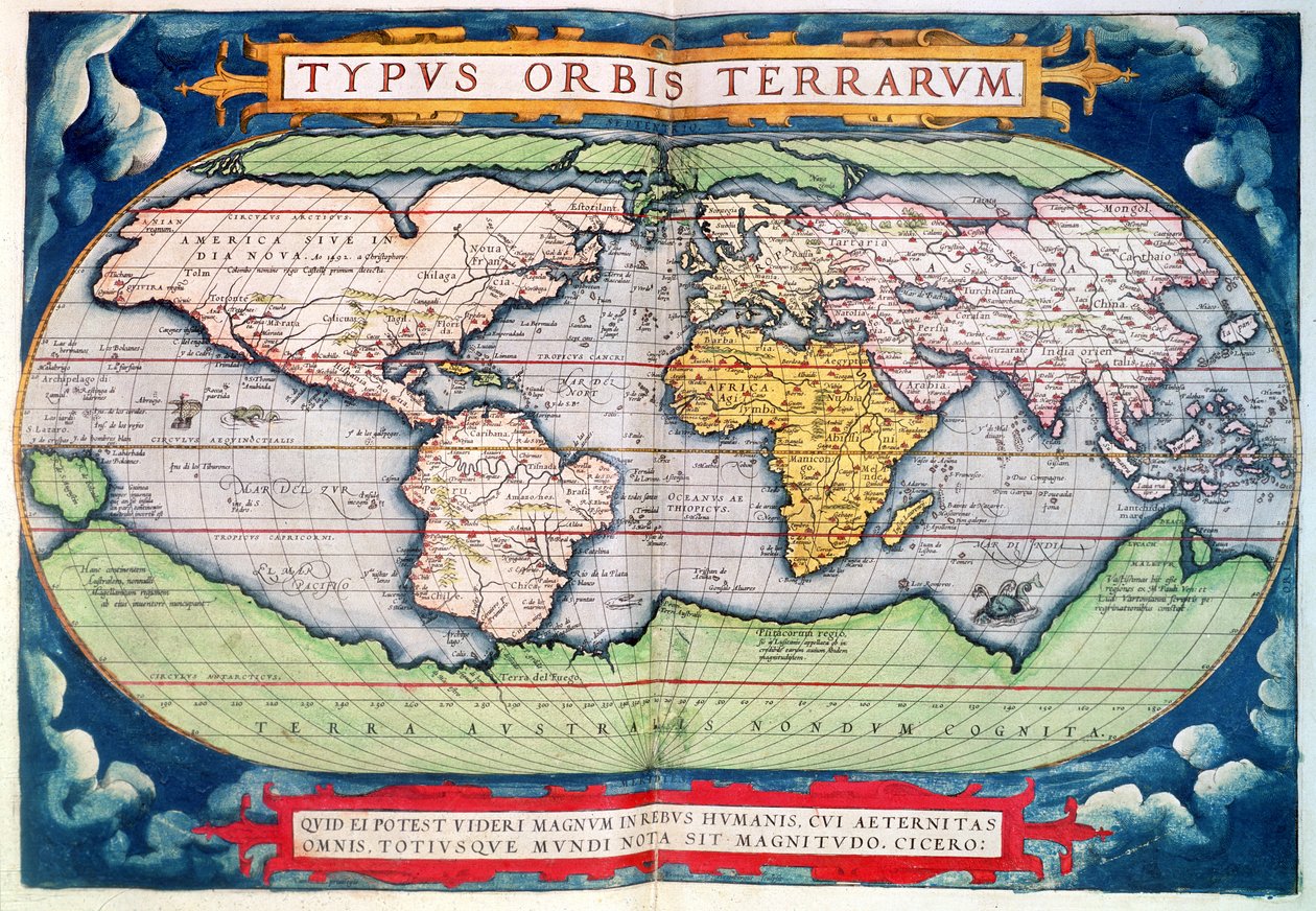 Kart over verden: "Typus Orbis Terrarum", fra Ortelius sin "Americasive New World" av Abraham Ortelius