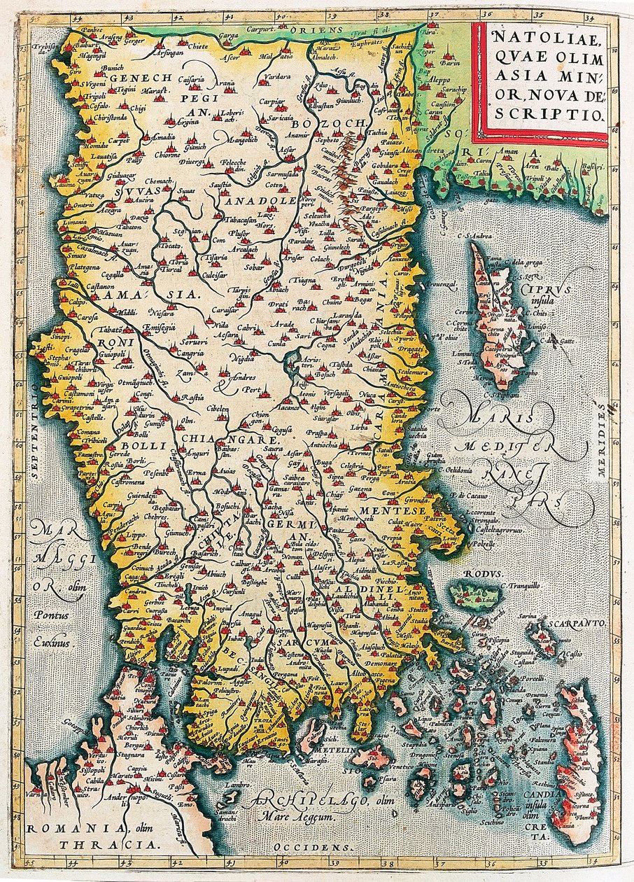 Natolia, Quae Olim Lilleasia Nova Beskrivelse Geografisk kart over territoriet til Lilleasia (Istanbul og Tyrkia med øyene Rhodos og Kypros) fra "Theatrum Orbis Terrarum" av Abraham Ortelius (Oertel, Ortell eller Ortel av Abraham Ortelius