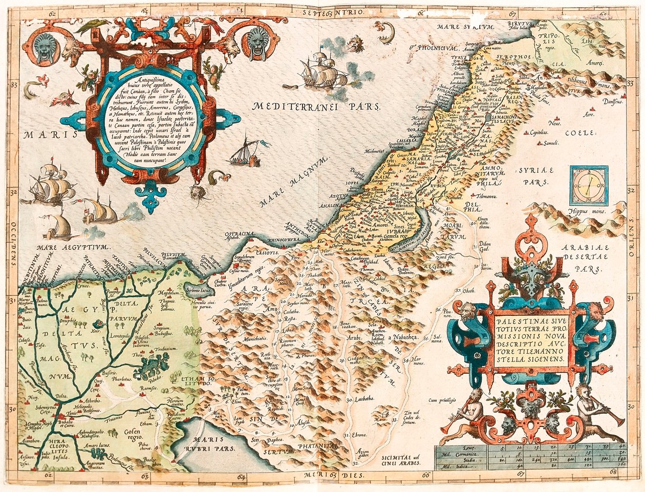 Palestina eller hele det lovte landets geografikart over Palestinas territorium fra "Theatrum Orbis Terrarum" av Abraham Ortelius (Oertel, Ortell eller Ortel av Abraham Ortelius